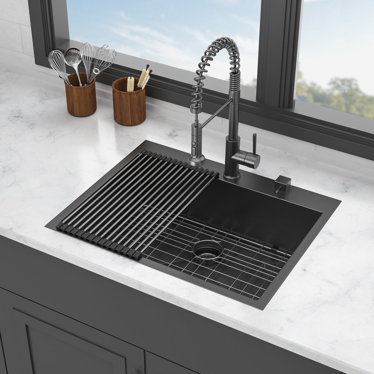 Gunmetal Black Stainless Steel Kitchen Sink with Premium Accessories, 28x22 Inch Single Bowl Drop-in Sink