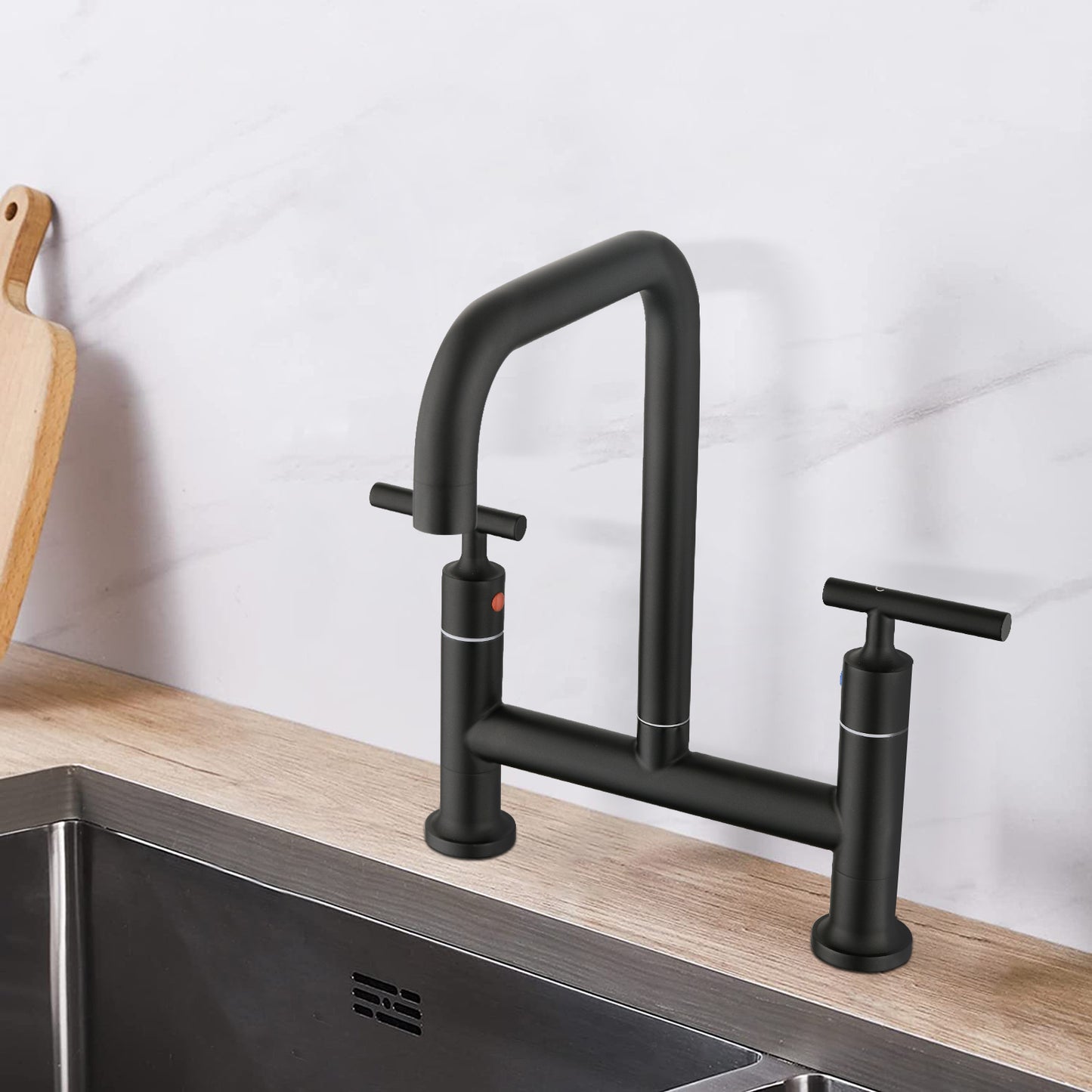 Double Handle Bridge Kitchen Faucet In Stainless Steel