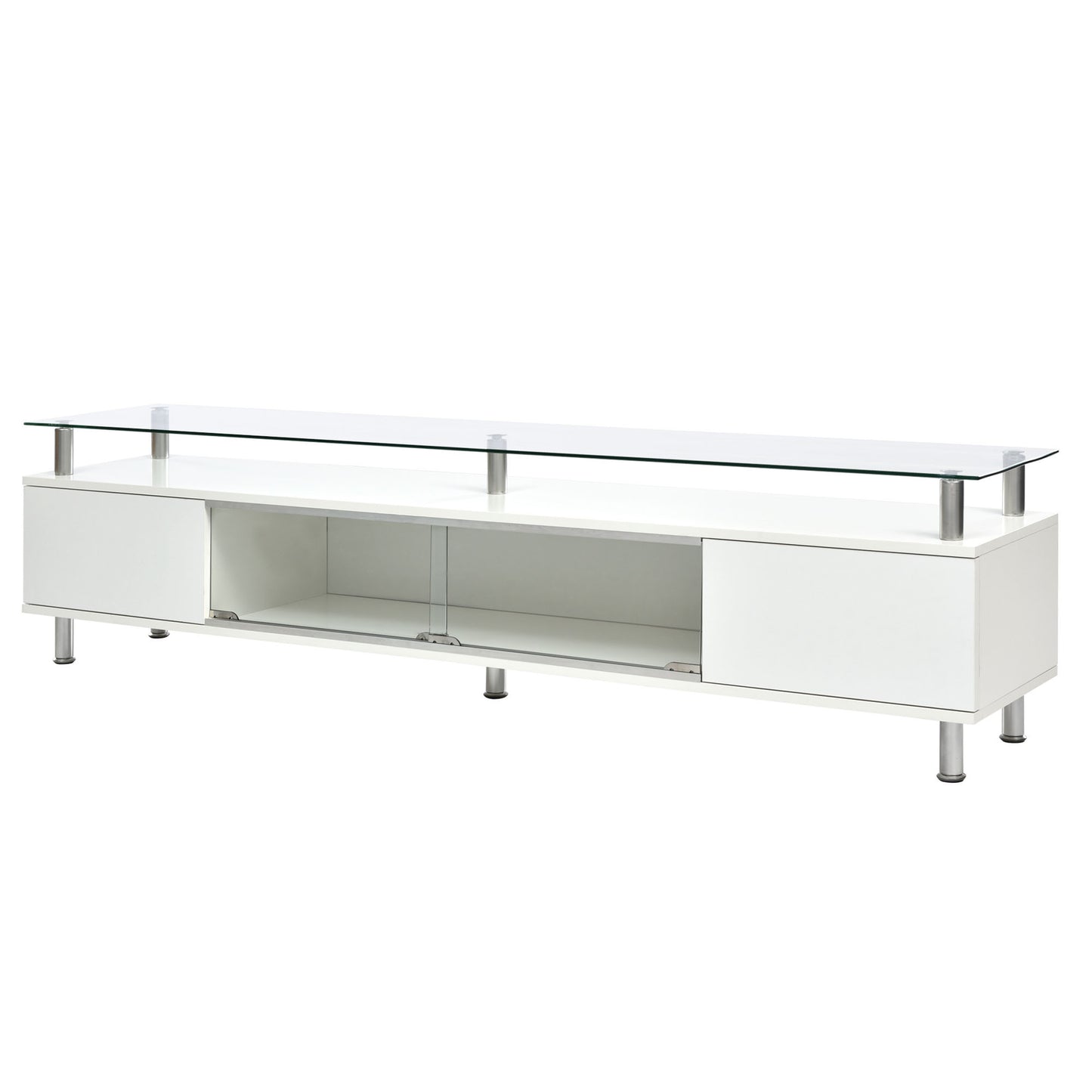 Contemporary White Media Console with Sleek Glass Design and Spacious Storage