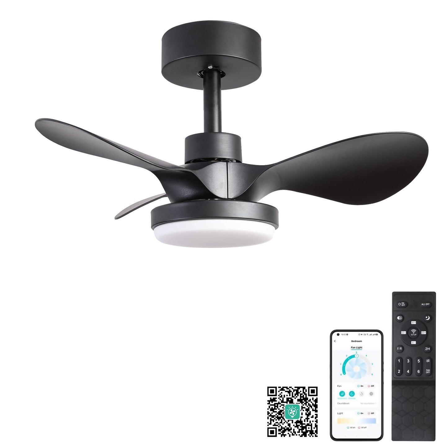 24 Compact Ceiling Fan with LED Light and Remote Control, Modern Low Profile Design