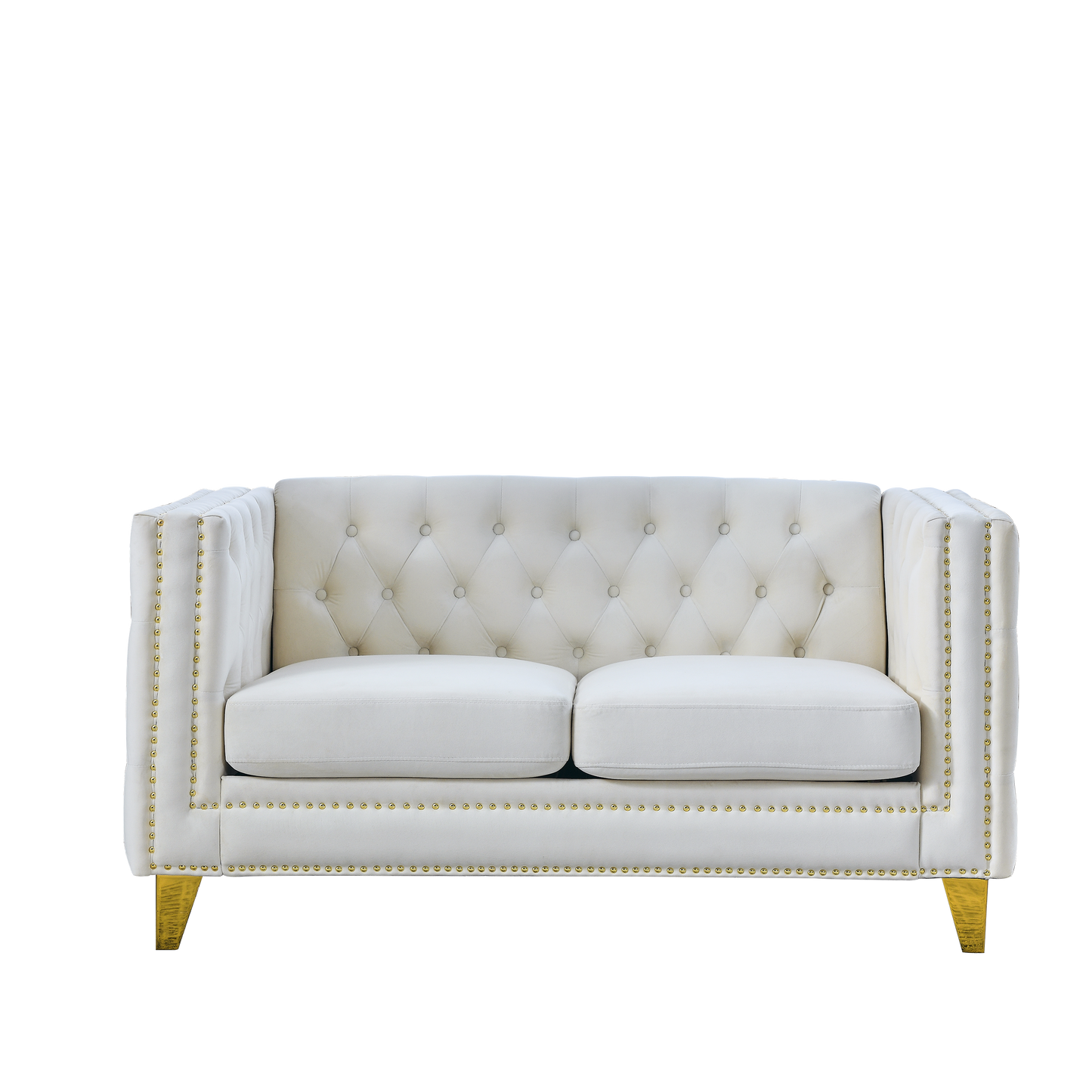 Velvet Sofa for Living Room,Buttons Tufted Square Arm Couch, Modern Couch Upholstered Button and Metal Legs, Sofa Couch for Bedroom, Beige Velvet-2S