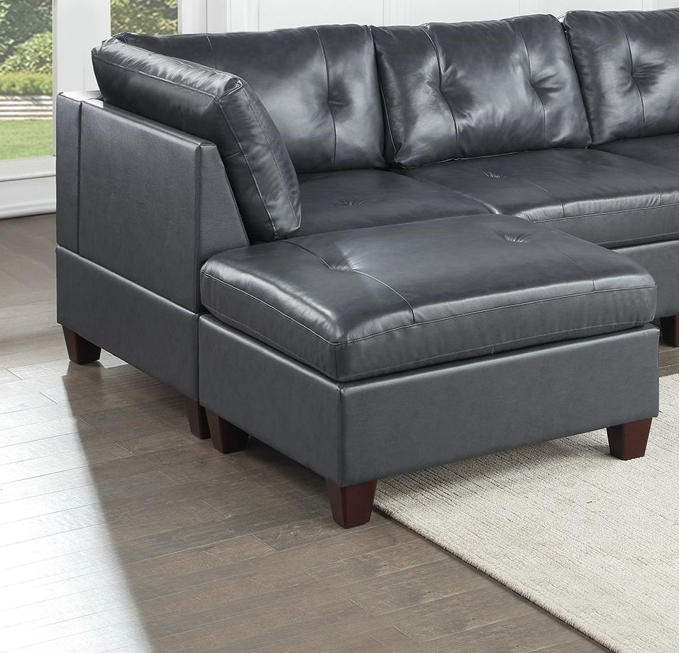 Elegant Black Genuine Leather Tufted 6pc Sectional Set with Ottoman