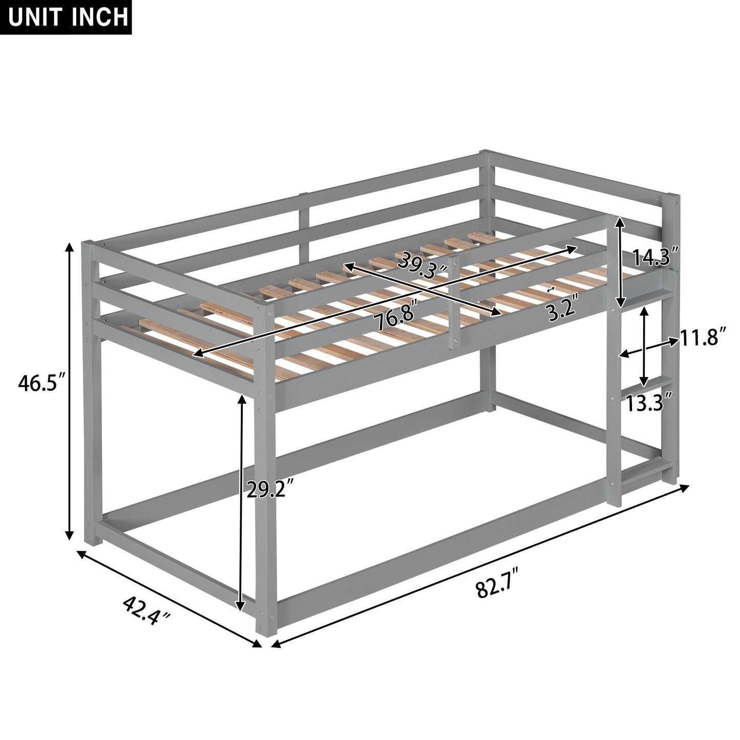 Low Height Twin Bunk Bed with Gray Ladder