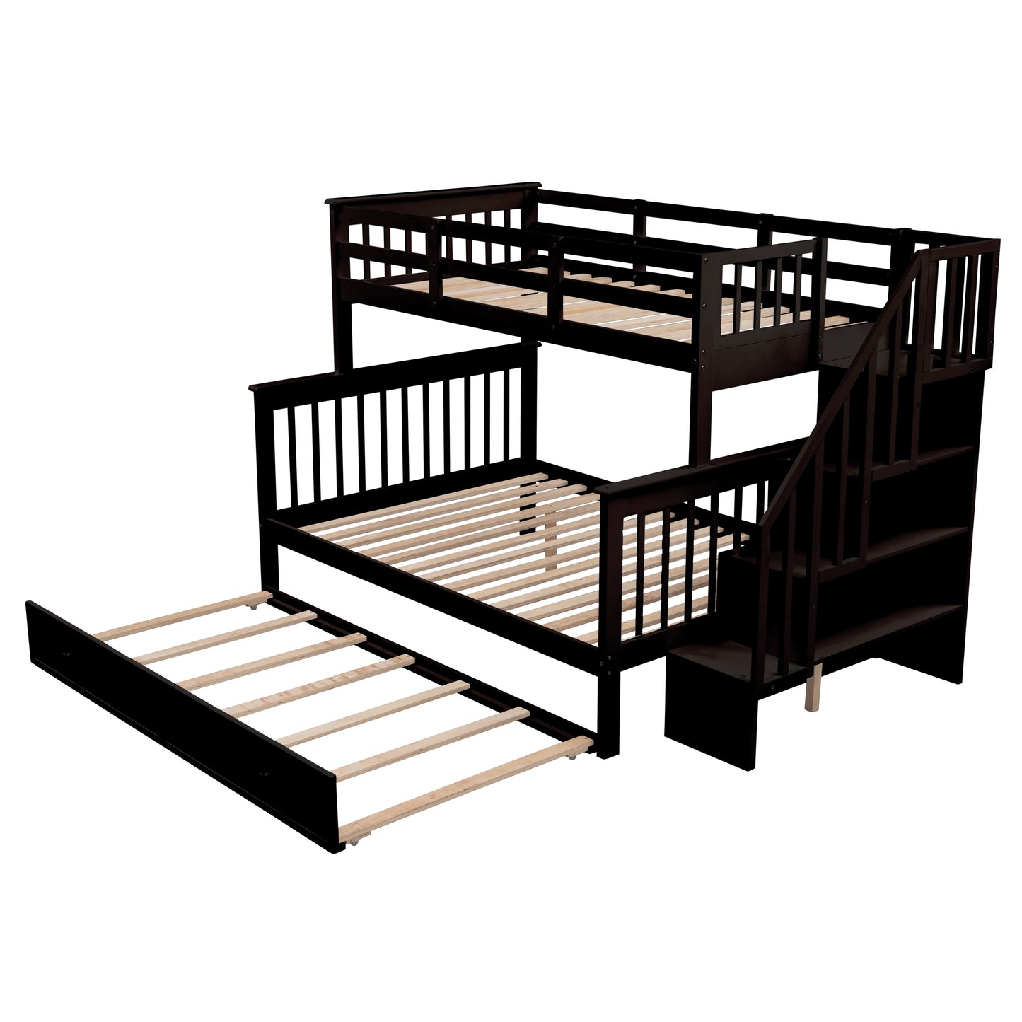 Stairway Bunk Bed with Storage, Trundle, and Guard Rail in Espresso Finish for Adults