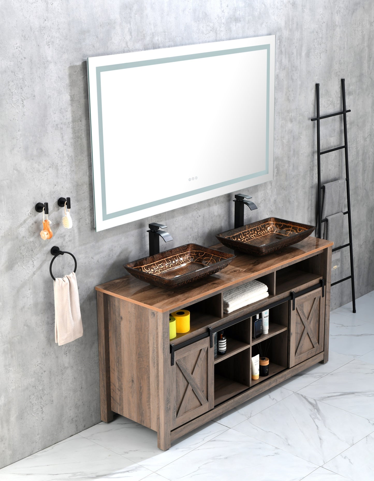 Brown and Gold Fusion Handmade Glass Rectangle Vessel Bathroom Sink with Matte Black Faucet and Drain