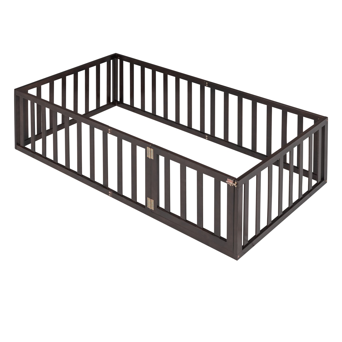 Twin Size Wood Floor Bed Frame with Fence and Door, Walnut( :WF289661AAL)