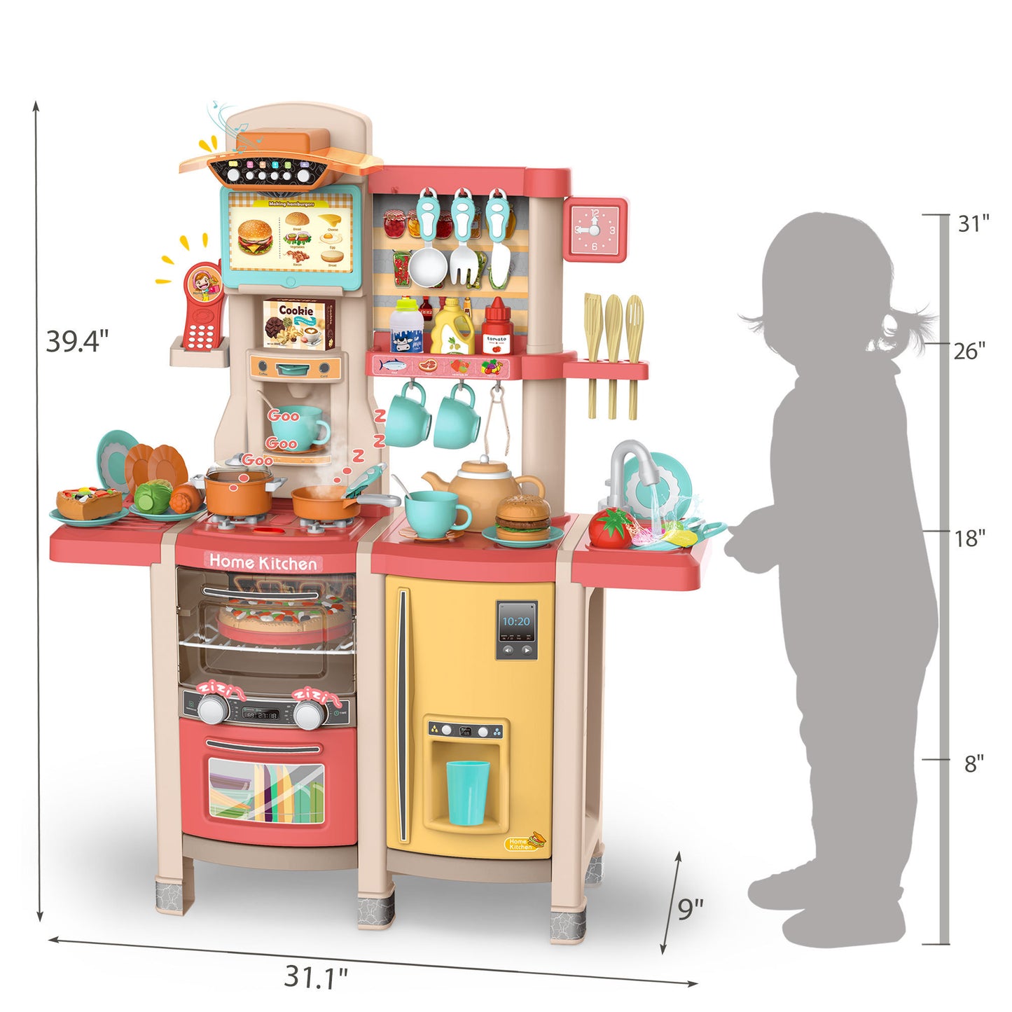 Pink Kids Kitchen Pretend Play Set - with Realistic Cooking Functions