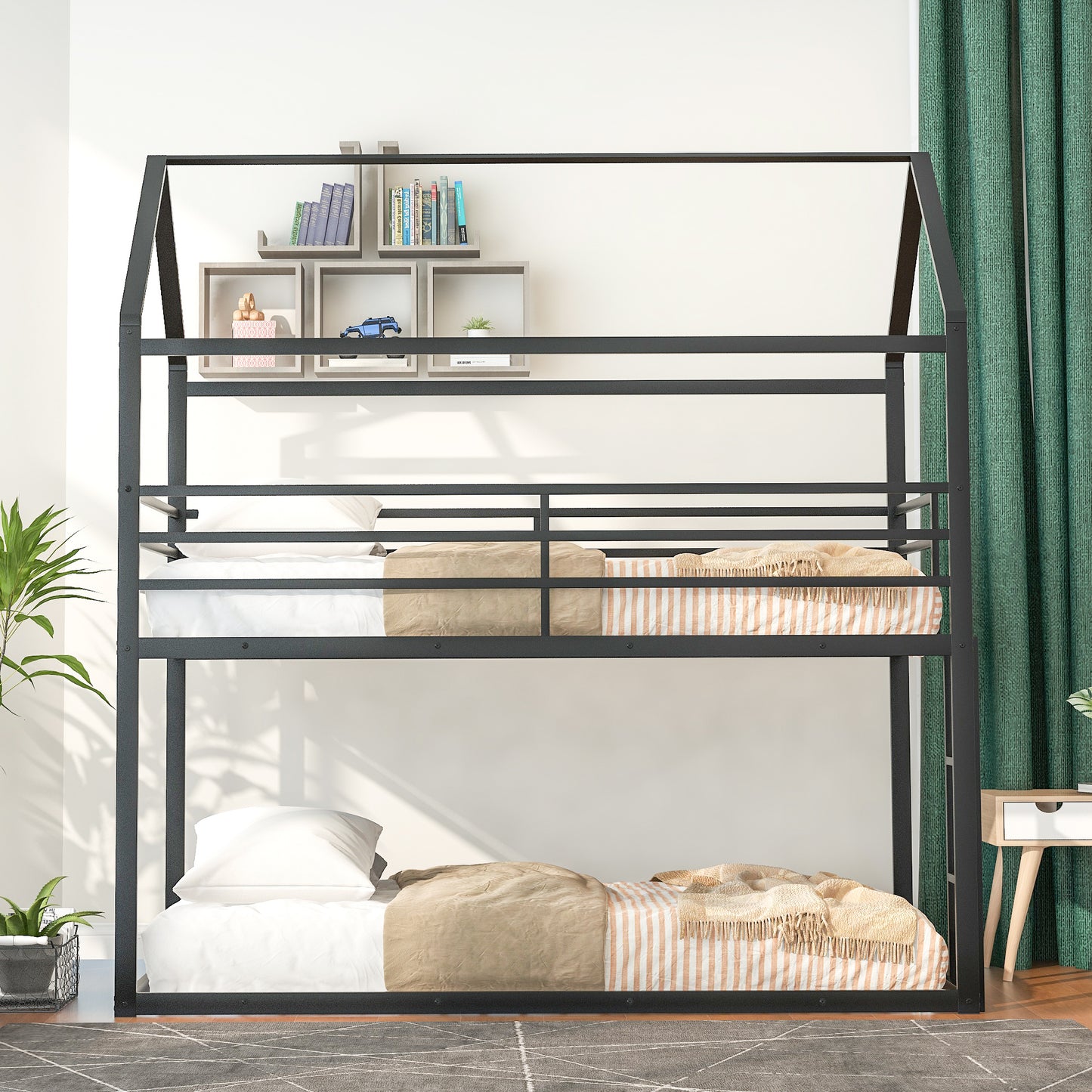 Kids' Twin House Bunk Bed with Ladder in Black