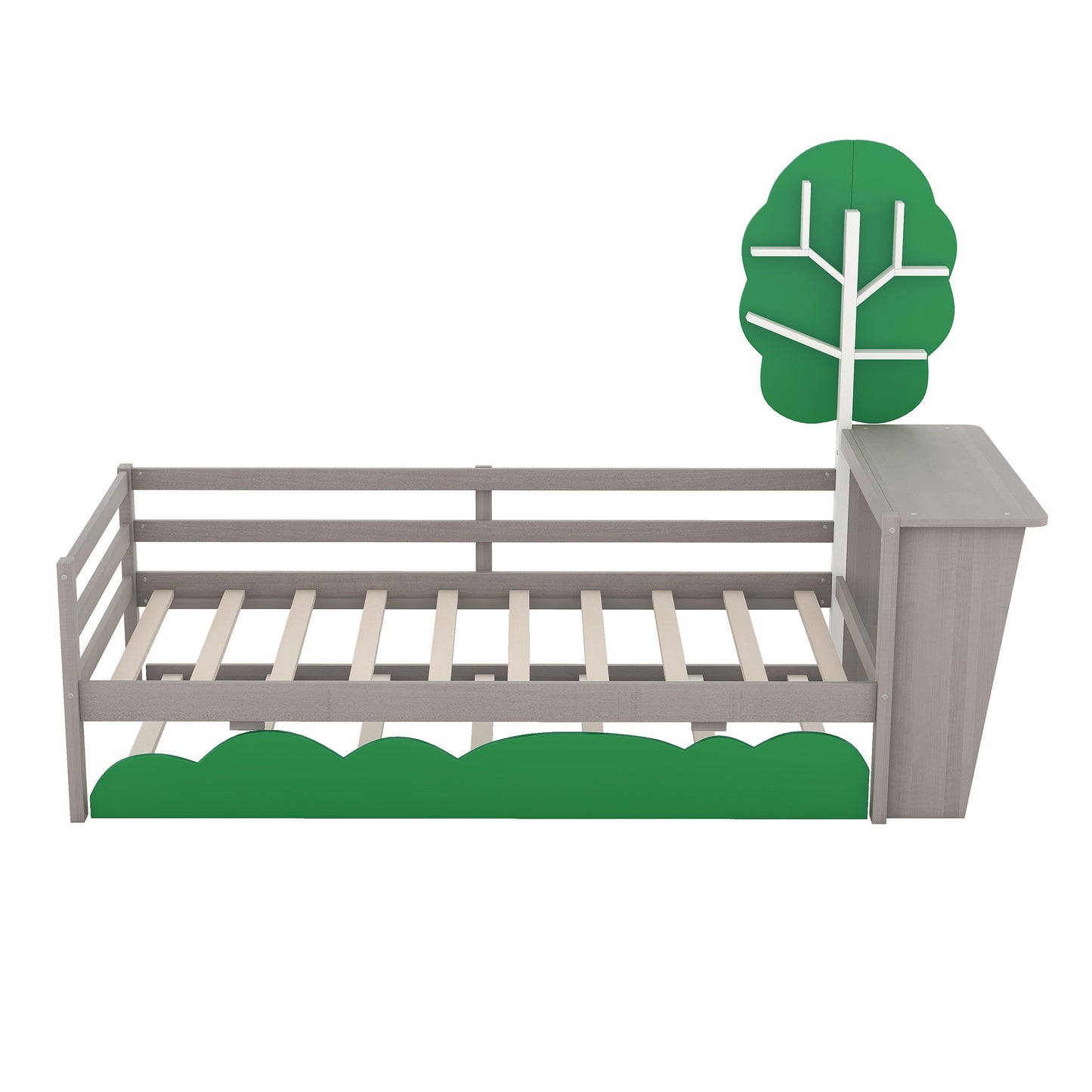 Twin Size Daybed with Desk, Green Tree Shape Shelves and Trundle, Gray