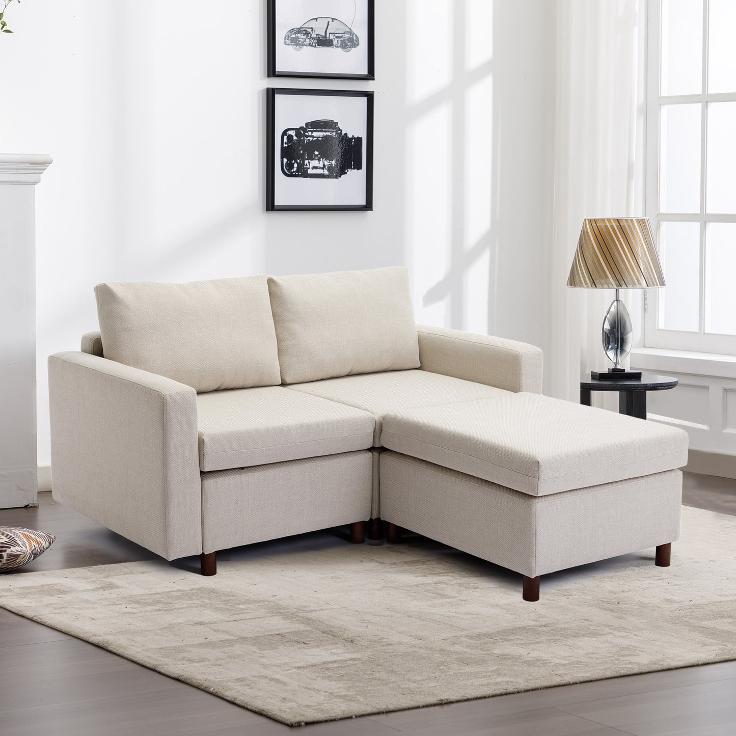 2-Seater Modular Sectional Sofa Couch with Ottoman, Cream Linen Upholstery