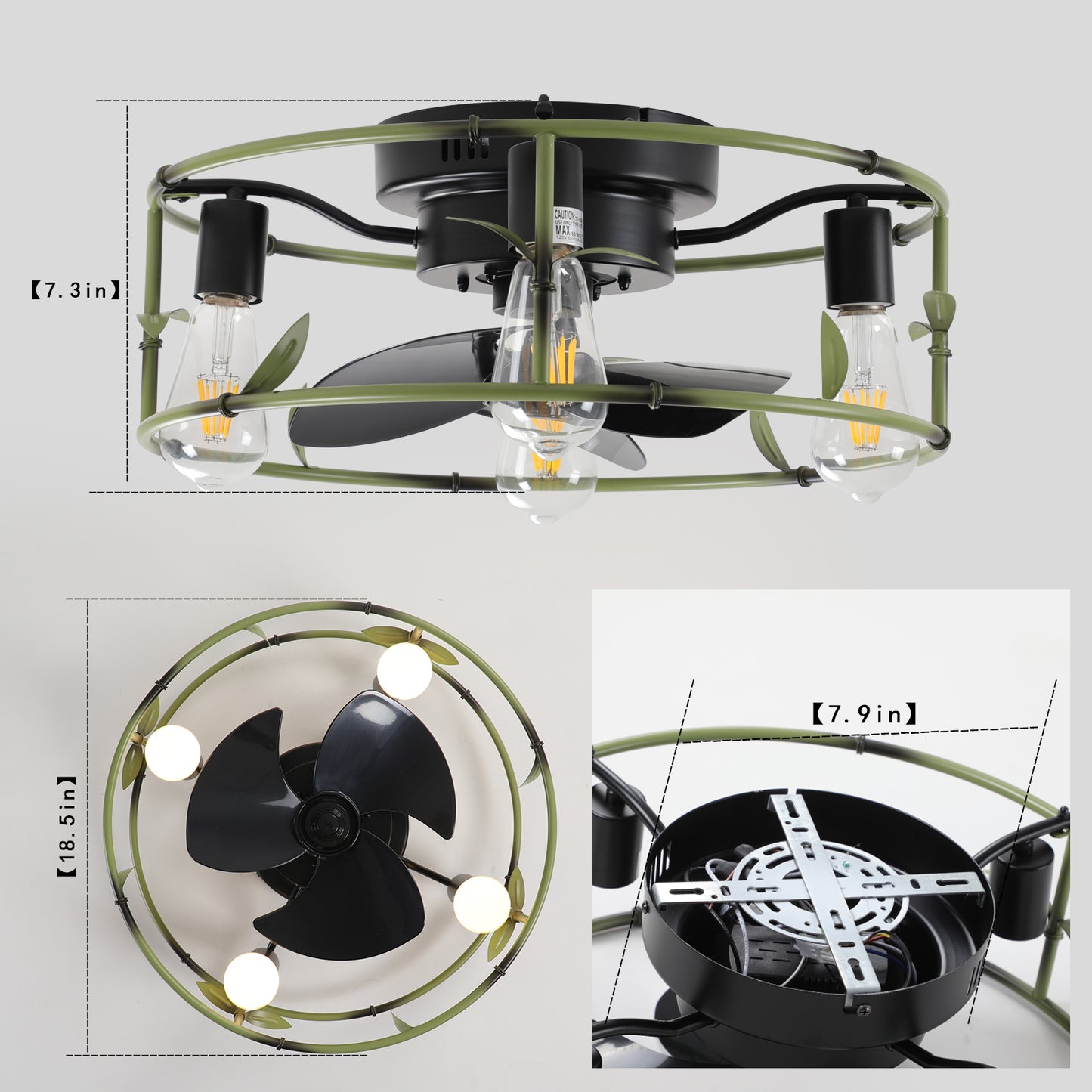 Modern Green Caged Ceiling Fan with Lights and Remote Control