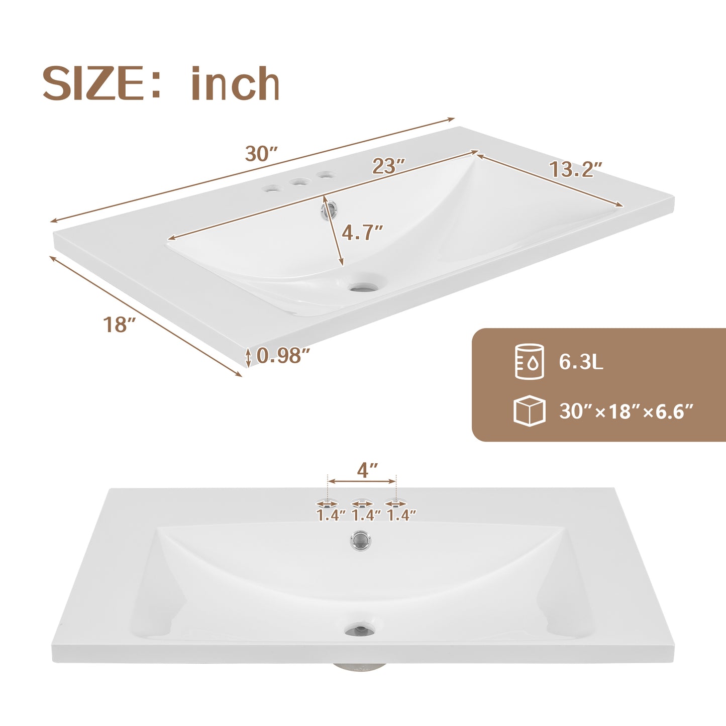 30" Single Bathroom Vanity Top with White Basin, 3-Faucet Holes, Ceramic, White