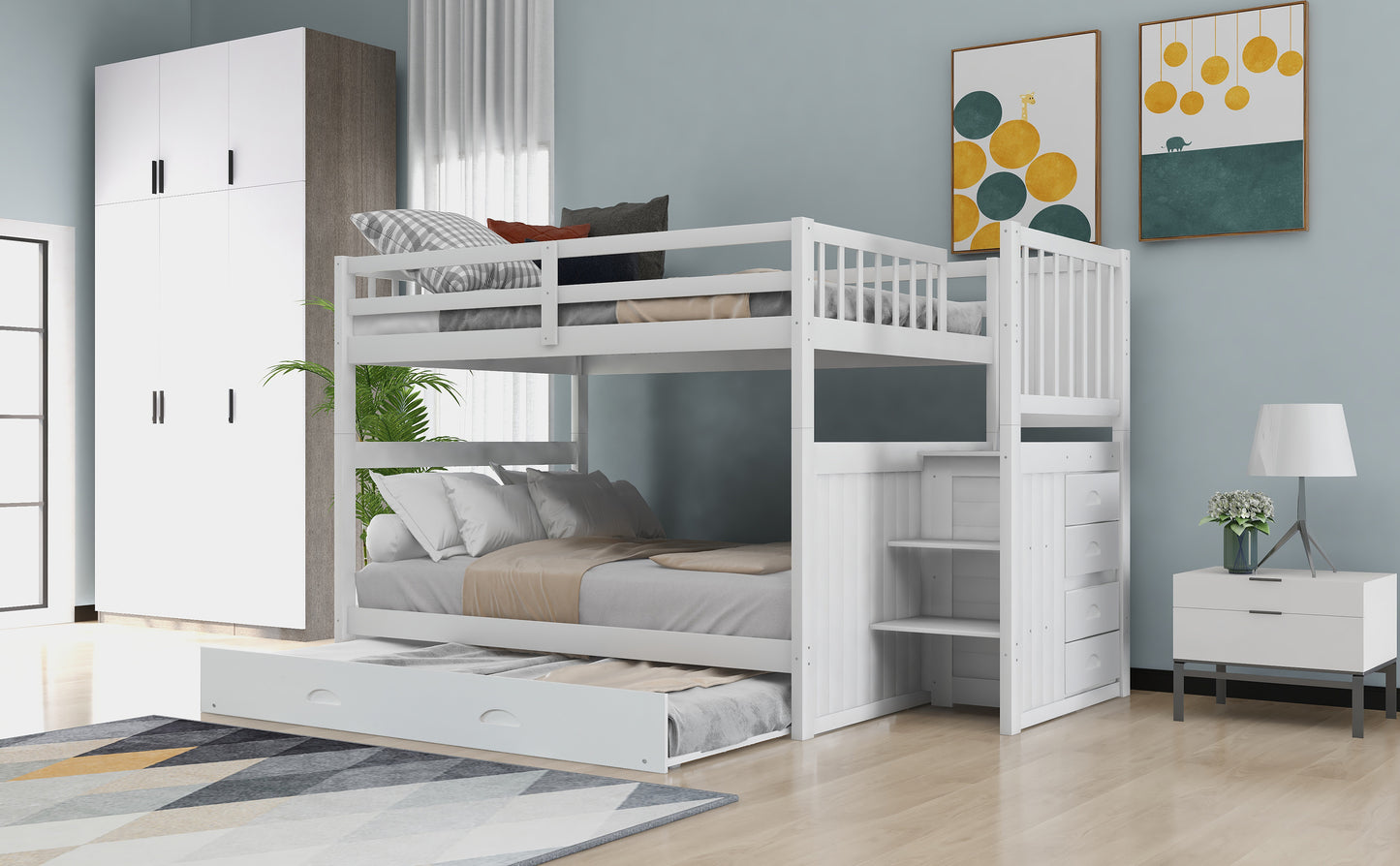 Staircase Full-Over-Full Bunk Bed with Twin Trundle and Storage Drawers - LT000026AAK