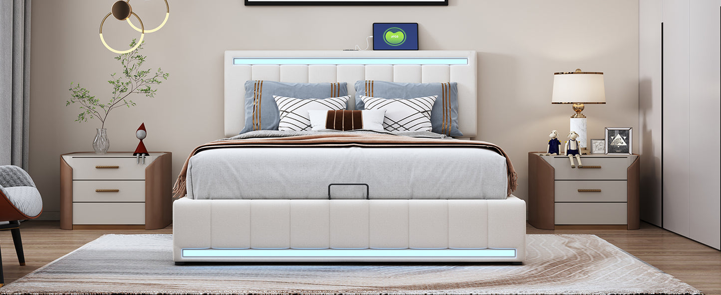 Full Size Upholstered Platform Bed with Hydraulic Storage System, LED Light, and a set of USB Ports and Sockets, Linen Fabric, Beige