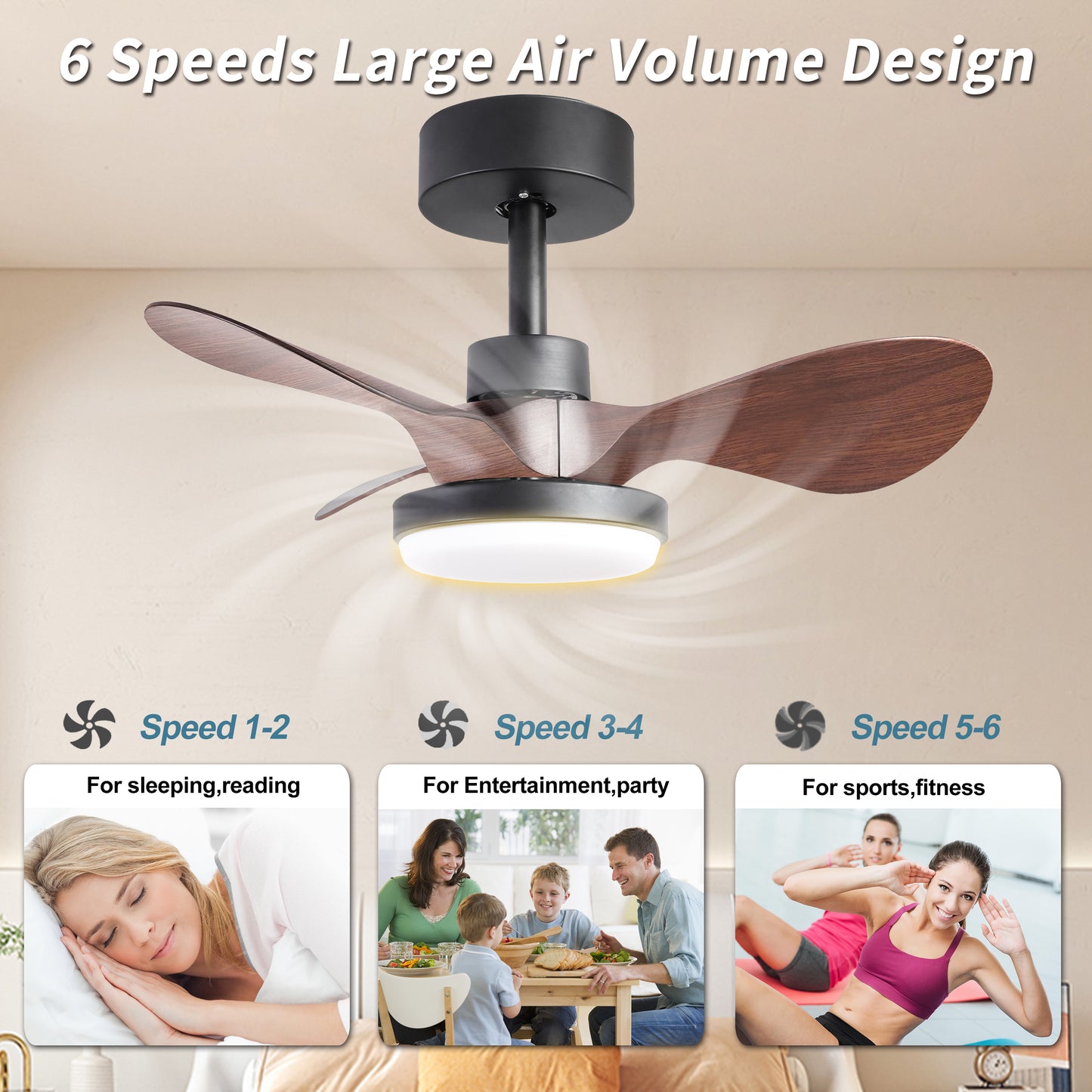 24-Inch Ceiling Fan with Lights Remote Control, 3 Reversible Blades