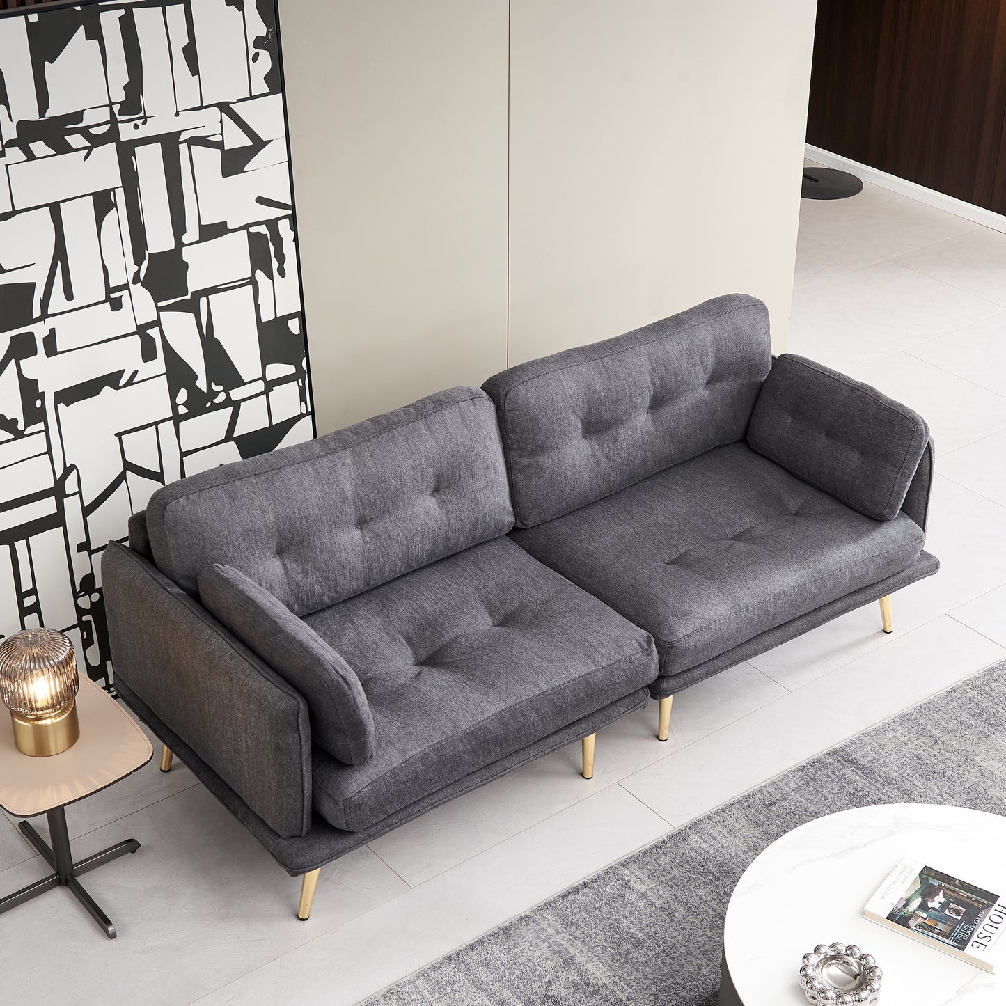 Elegant Dark Grey 3-Seat Sofa with Gold Metal Legs