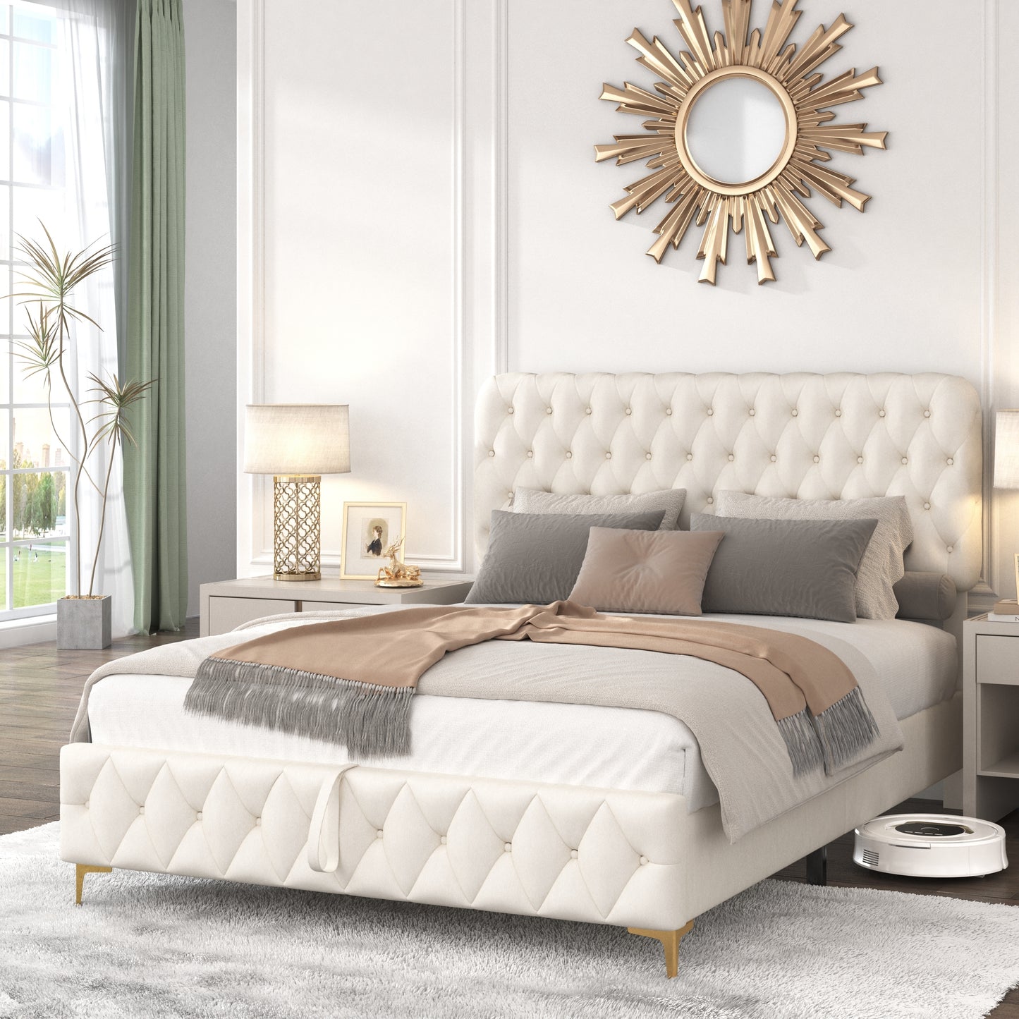 Queen Platform Bed Frame With pneumatic hydraulic function, Velvet Upholstered Bed with Deep Tufted Buttons, Lift up storage bed With Hidden Underbed Oversized Storage, BEIGE