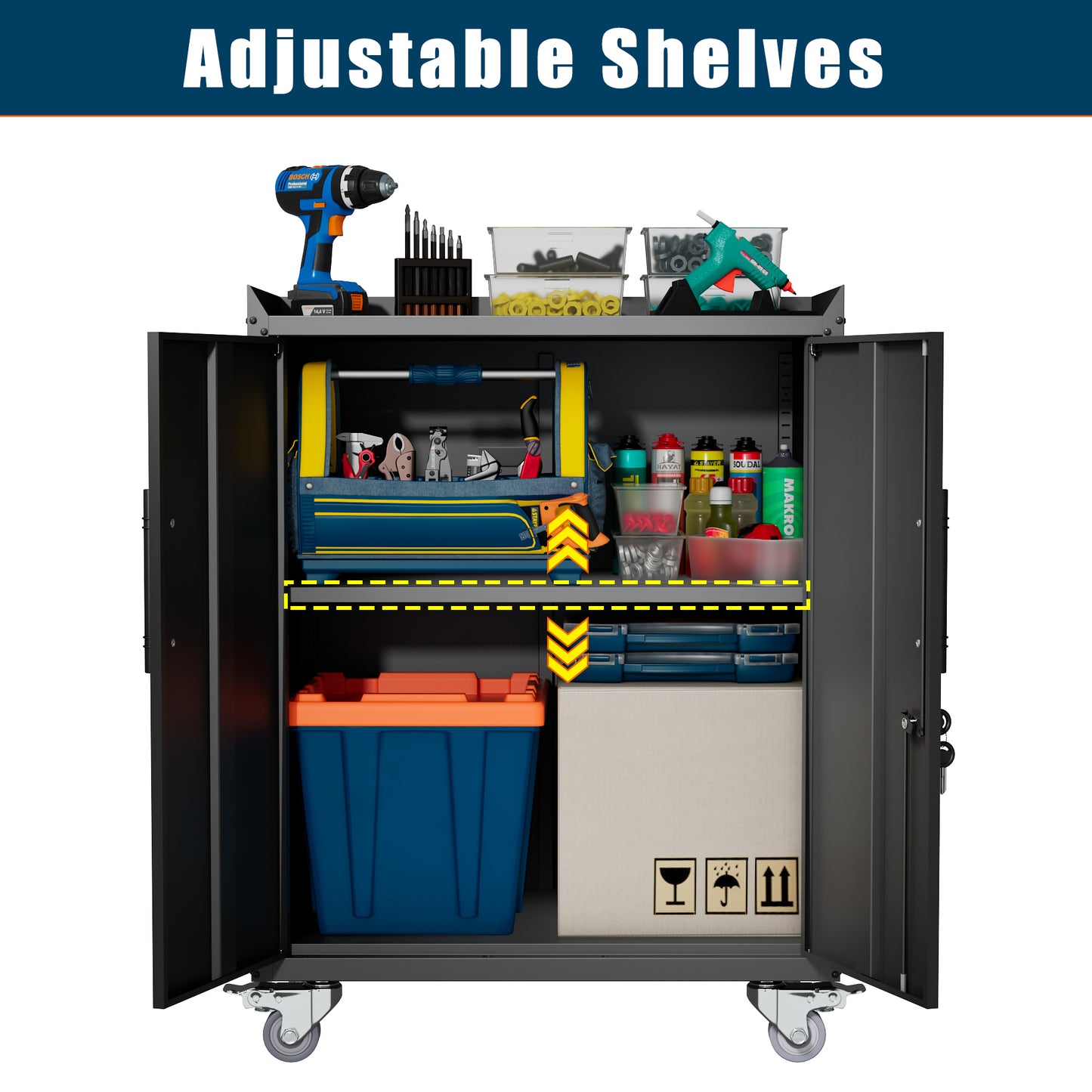 2 Door Tool Cabinets for Garage, Lockable Garage Storage Cabinet, Locking Metal Storage Cabinet with Wheels, Rolling Tool Chest, Assembly Required H34*W30.3*D18