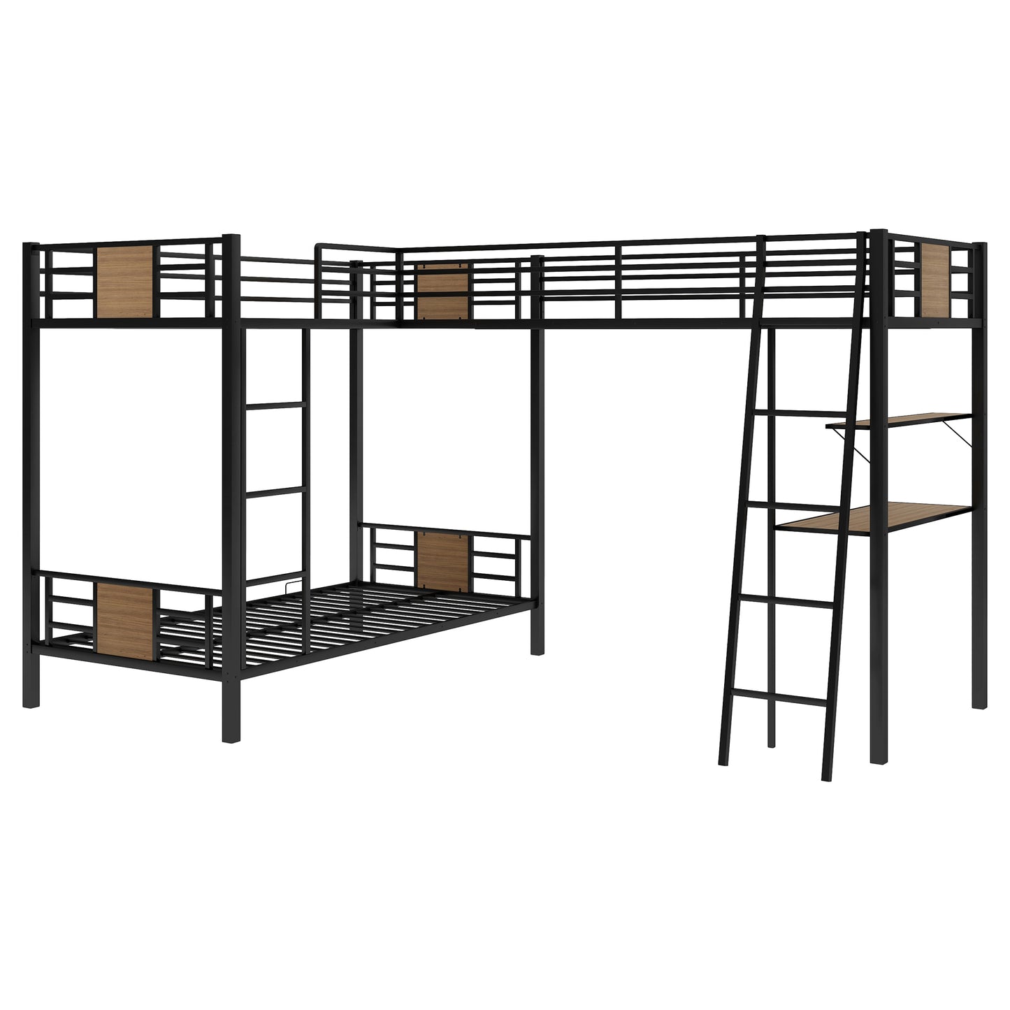 L-Shaped Bunk Bed and Loft Bed Set with Desk and Shelves in Brown