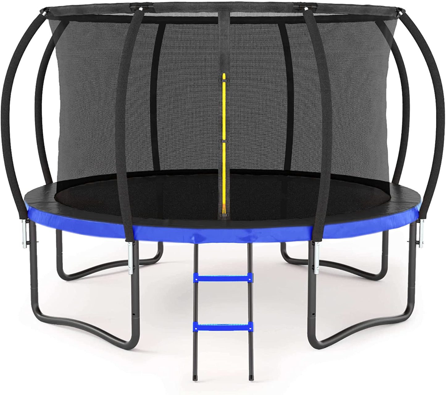 14-Foot Black and Blue Outdoor Trampoline for Kids with Safety Net, Ladder, and PVC Padding