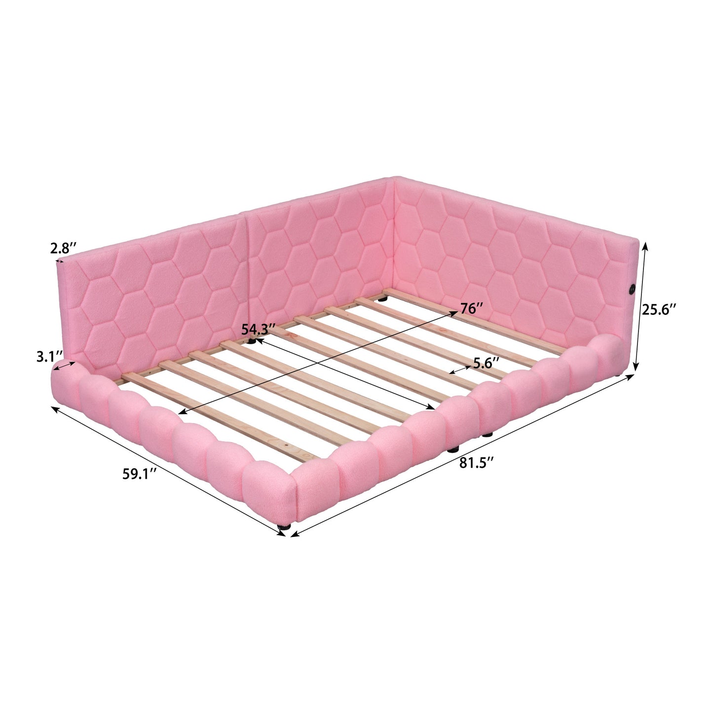 Upholstered Full Size platform bed with USB Ports and LED belt, Pink