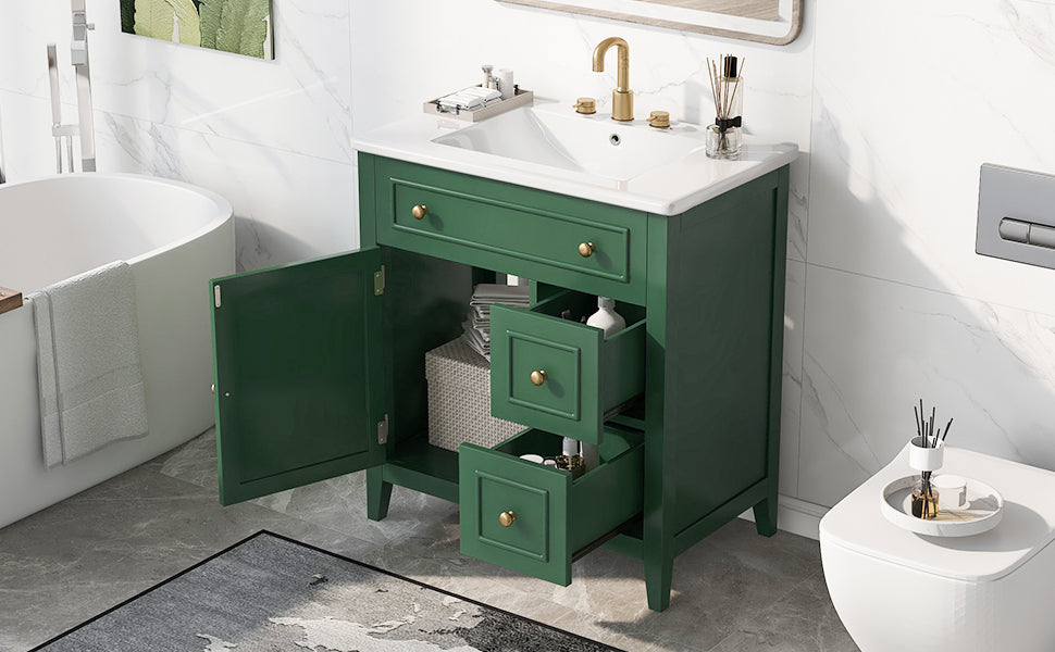 30" Bathroom Vanity with Sink Top, Bathroom Vanity Cabinet with Door and Two Drawers, Solid Wood Frame, One Package, Green