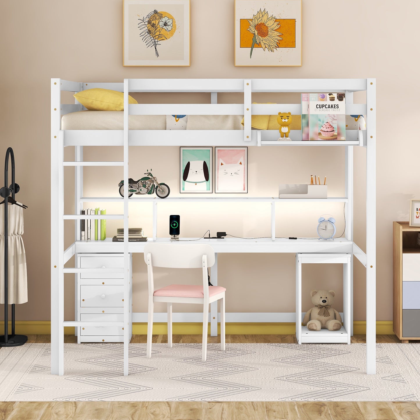 Full Size Loft Bed with Multi-storage Desk, LED light and Bedside Tray, Charging Station, White