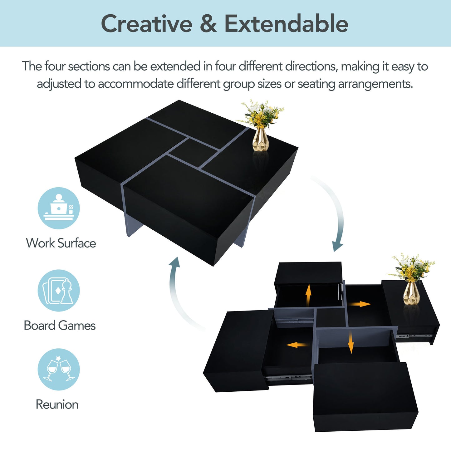 Puzzle Design Coffee Table with Extendable Sliding Tabletop and Hidden Storage Compartments