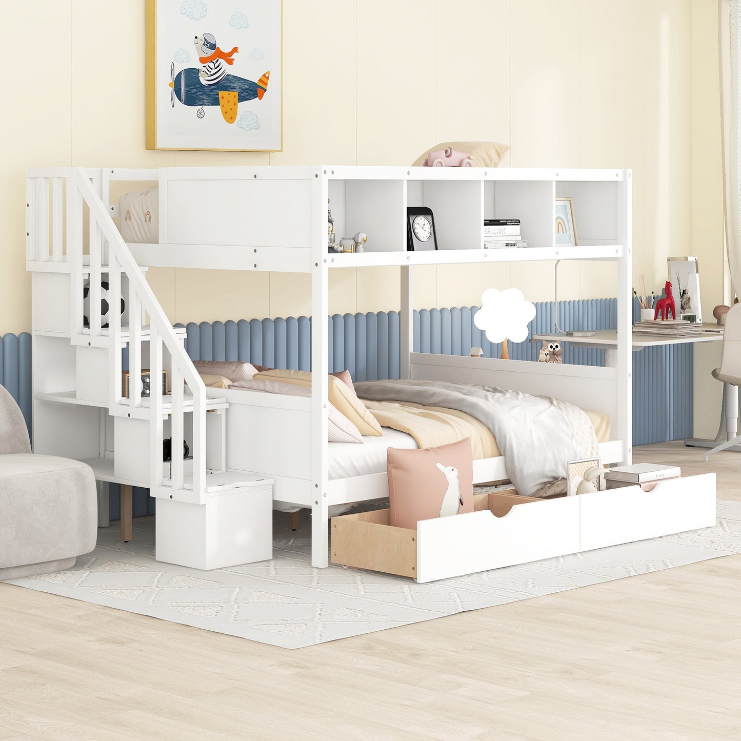 Versatile White Bunk Bed with Shelves, Storage Staircase, and Drawers