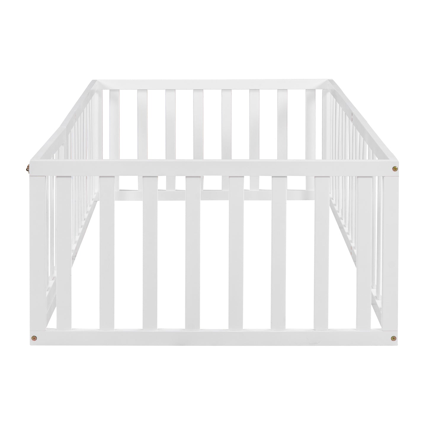 Twin Size Wood Floor Bed Frame with Fence and Door, White( :WF289661AAK)