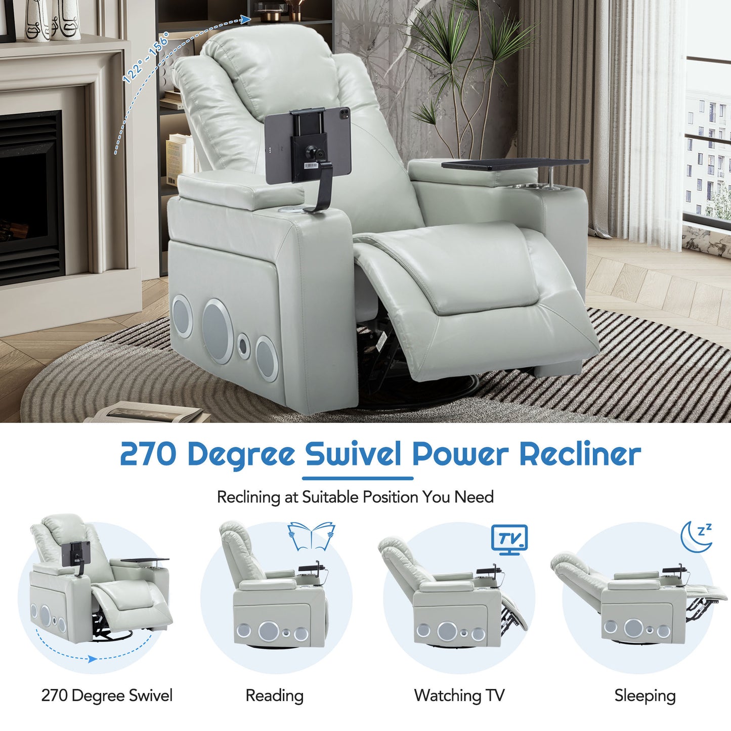 Luxurious Grey PU Leather Power Recliner with Surround Sound and Storage.