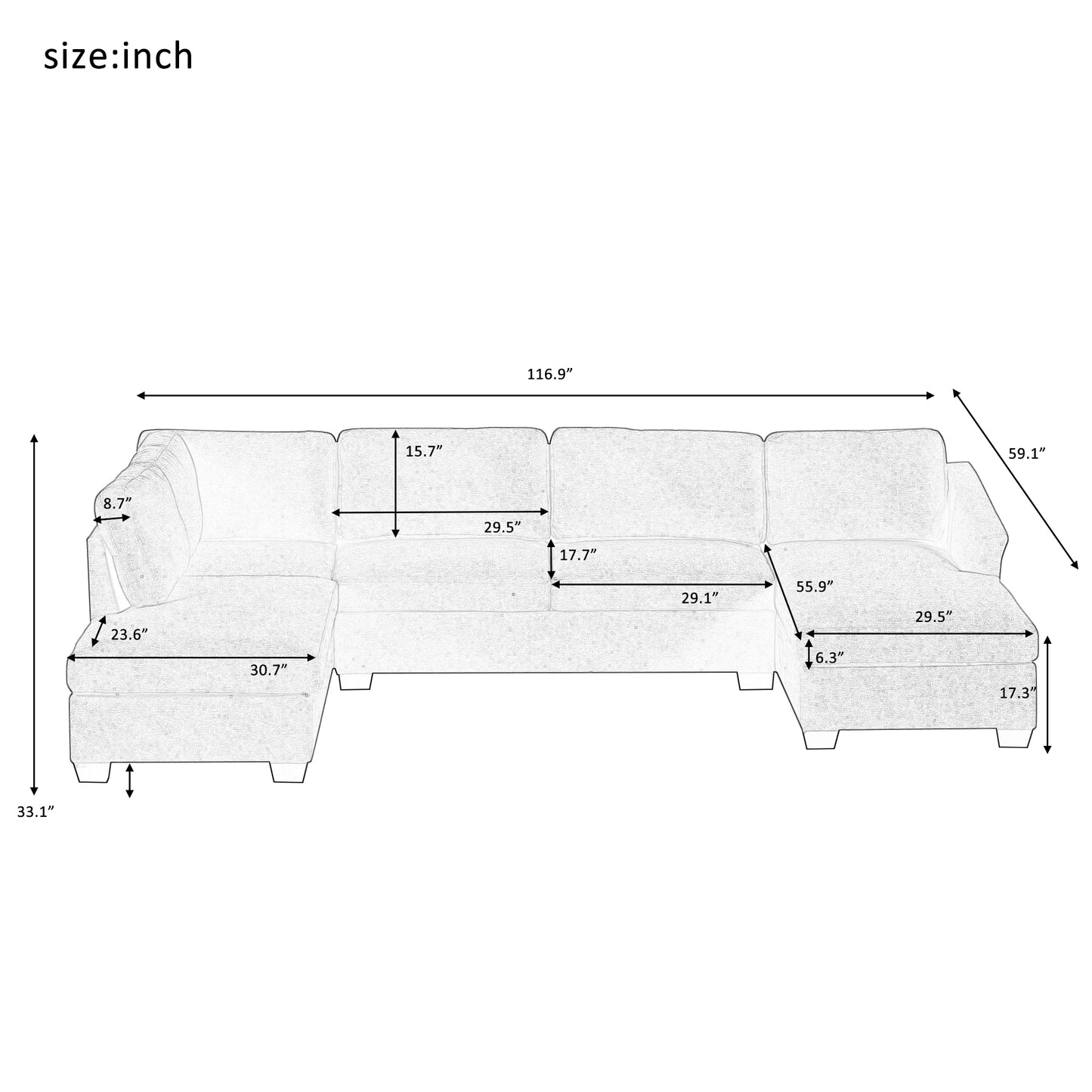 Modern Large  U-Shape Sectional Sofa, Double Extra Wide Chaise Lounge Couch,  Beige