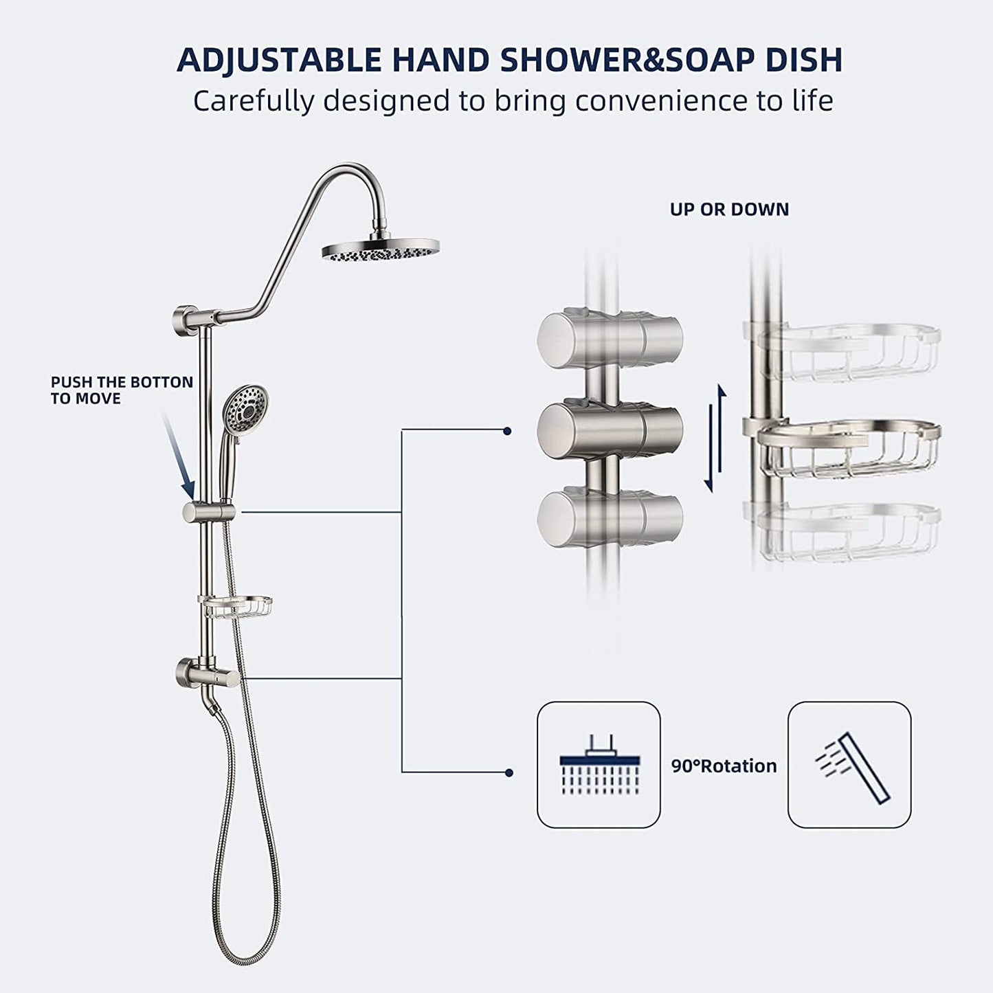 Luxurious Bathroom Shower System Set with Rain Showerhead, 5-Function Hand Shower, Adjustable Slide Bar, and Soap Dish in Brushed Nickel Finish