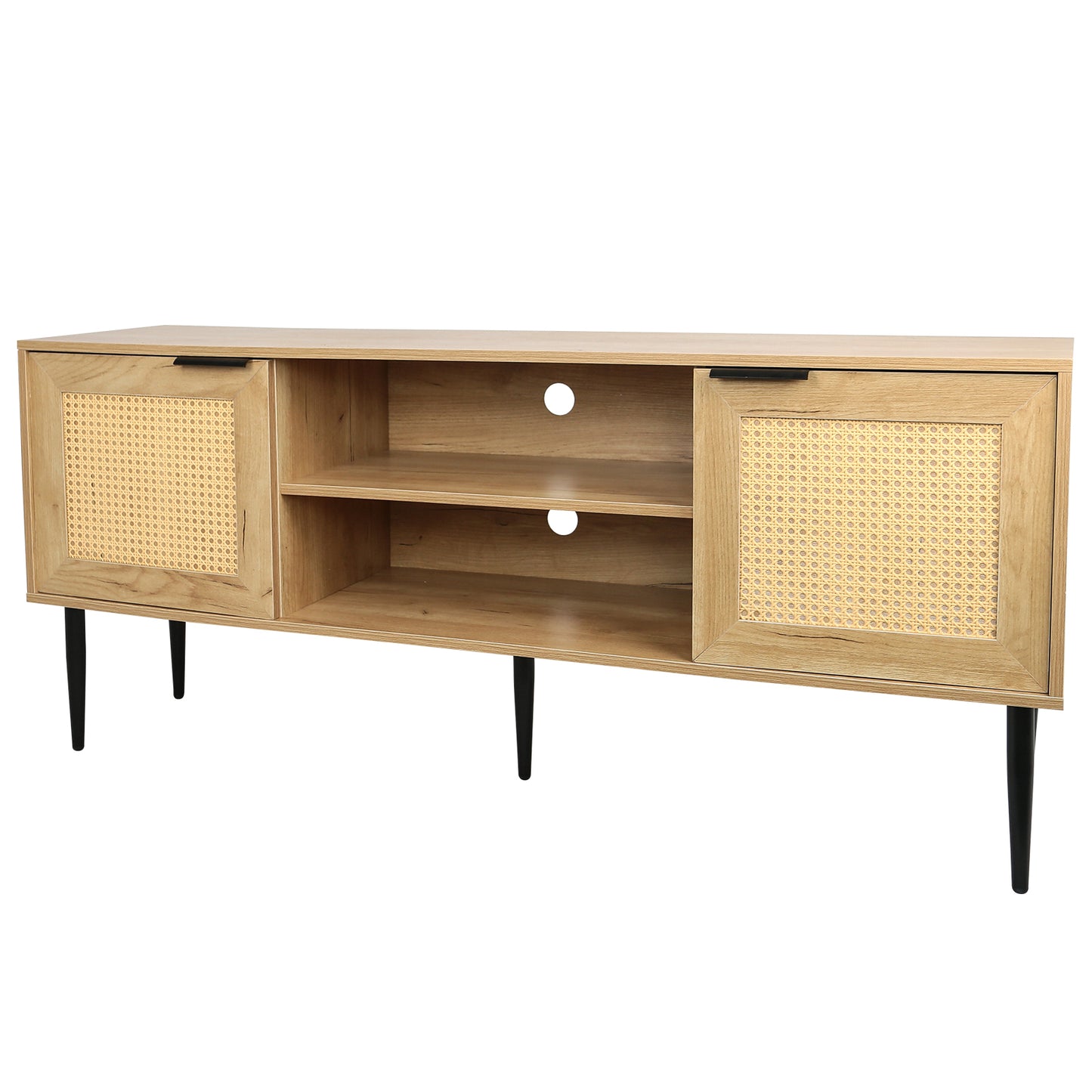 Rattan-Doored Wooden TV Stand with Open Shelves for TVs up to 65 Inches