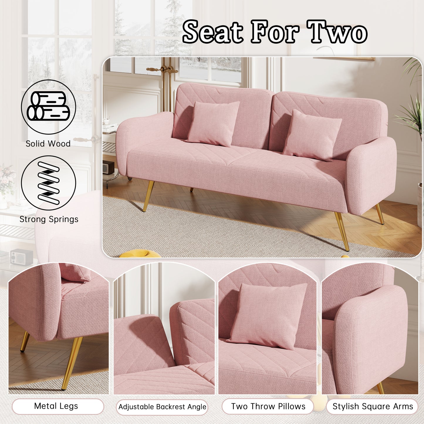 Pink Fabric Double Sofa with Adjustable Split Backrest and Two Throw Pillows