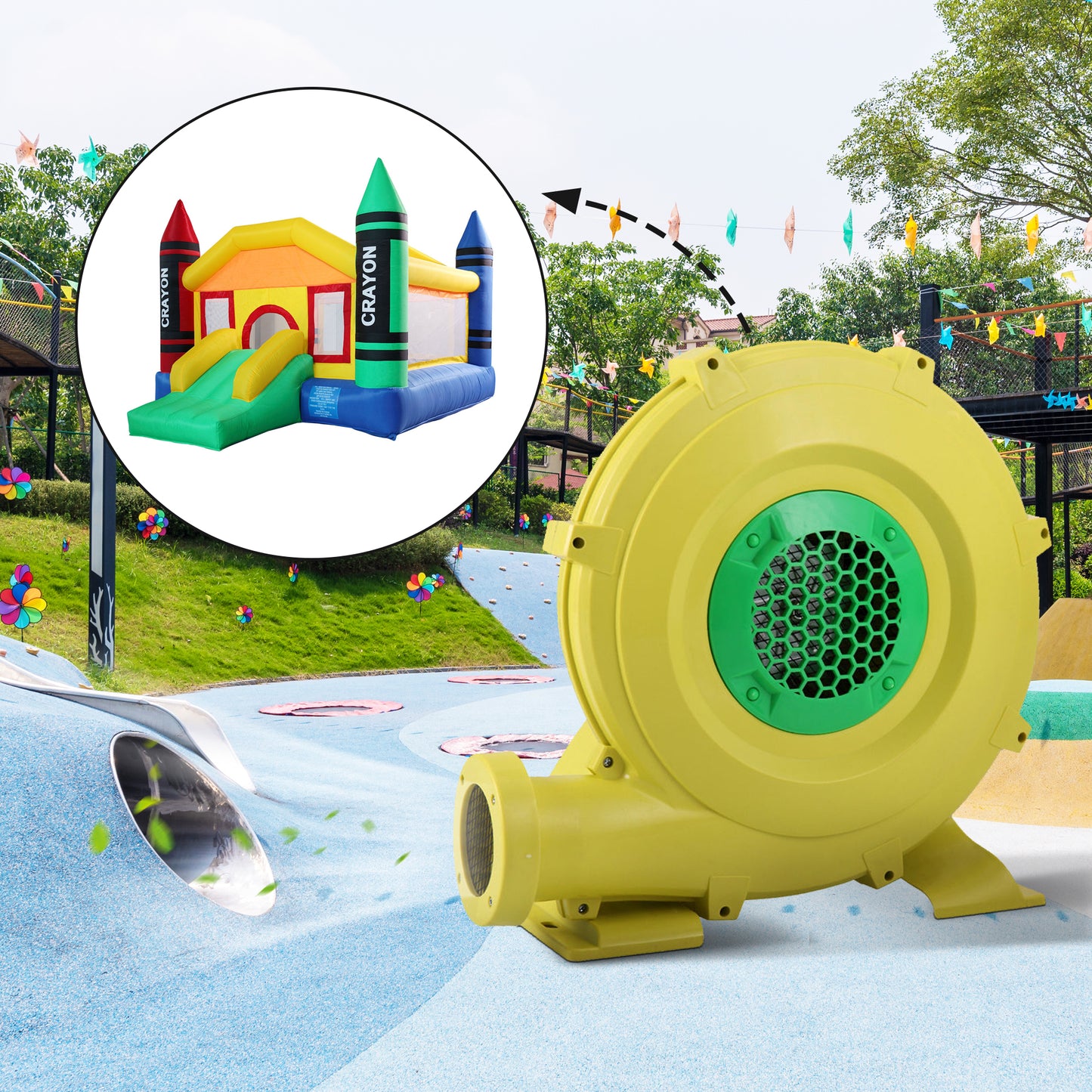 450W Outdoor Indoor Air Blower, Pump Fan for Inflatable Bounce Castle, Water Slides, Safe, Portable - Yellow and Green