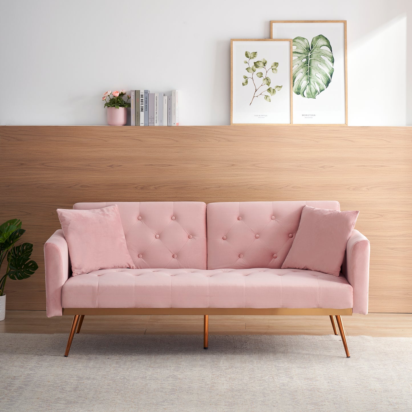 Elegant Pink Velvet Sofa Bed with Nail Head Accents and Throw Pillow