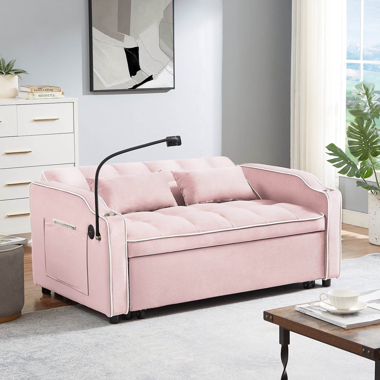 3-in-1 Versatile Pink Velvet Sofa Bed with Adjustable Back and USB Port