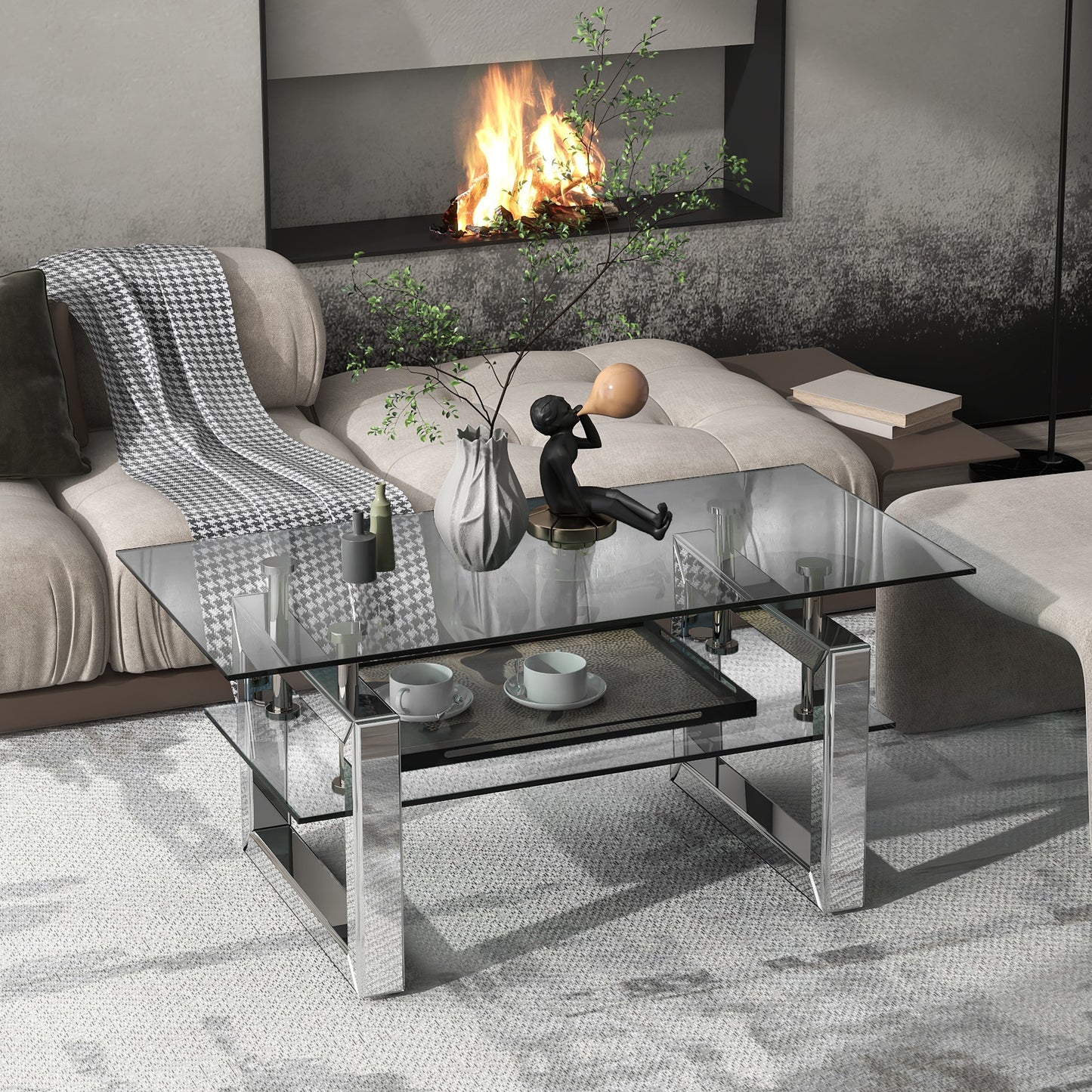 Modern Transparent Tempered Glass Coffee Table with Mirror Design