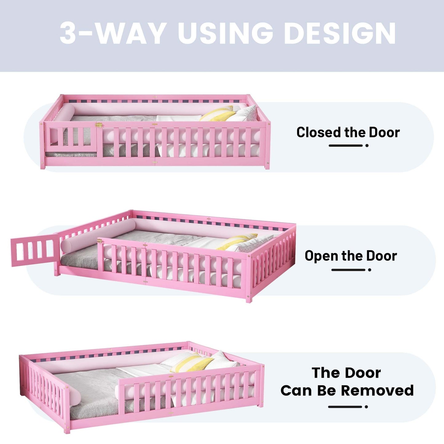 Queen Size Bed Floor Bed with Safety Guardrails and Door for Kids, Pink