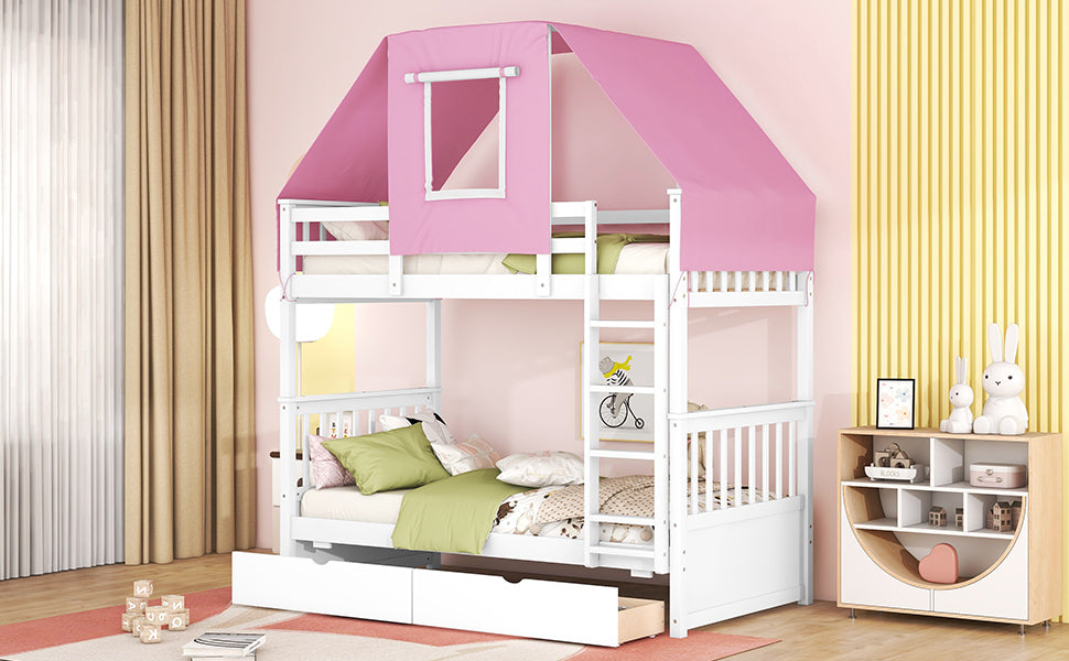 White and Pink Spacious Twin Bunk Bed with Playful Tent and Storage