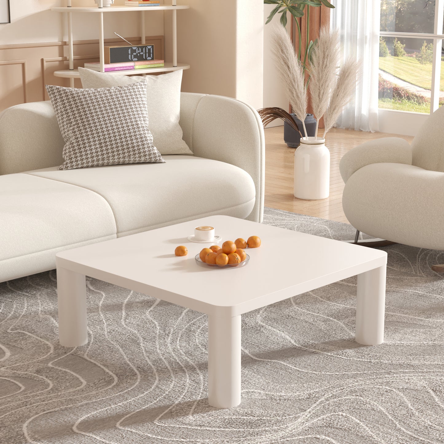 Cream White Square Coffee Table with Rounded Corner Design