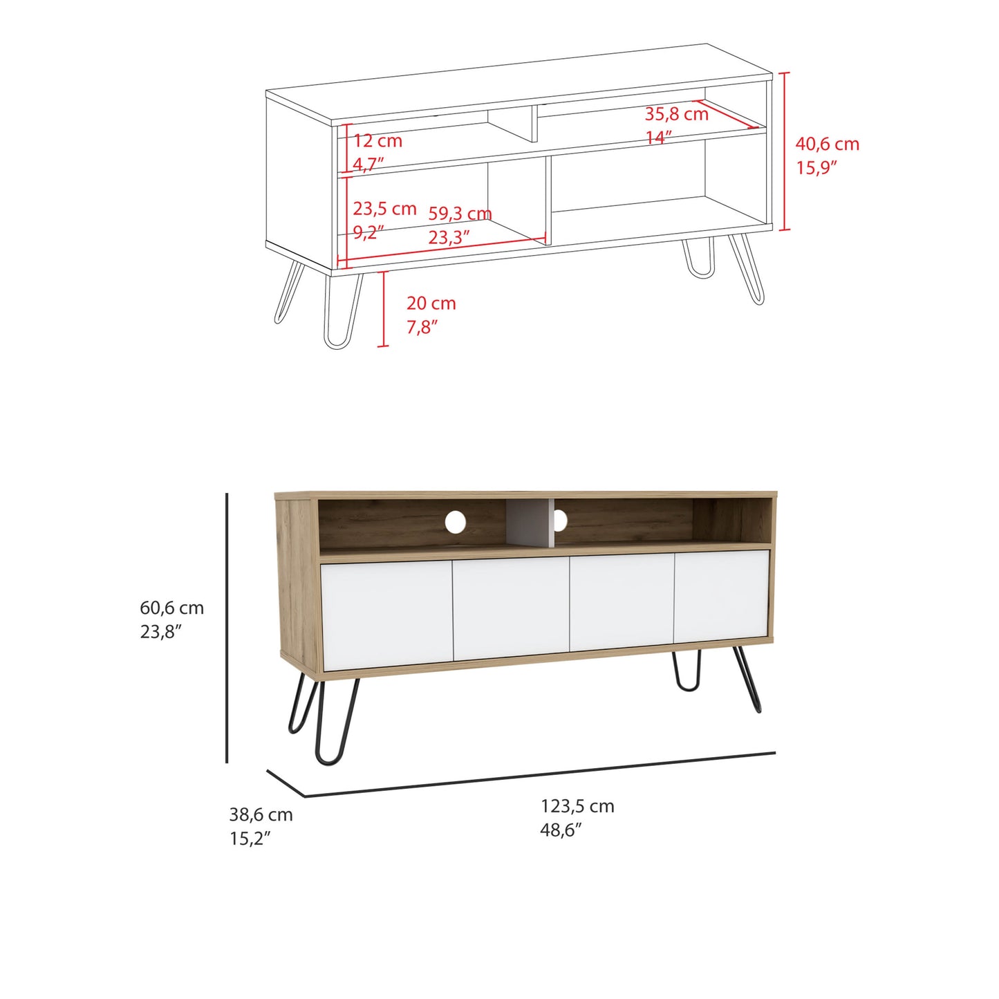 Vassel TV Stand with Hairpin Legs and Double Cabinets in Aged Oak / White Color Scheme