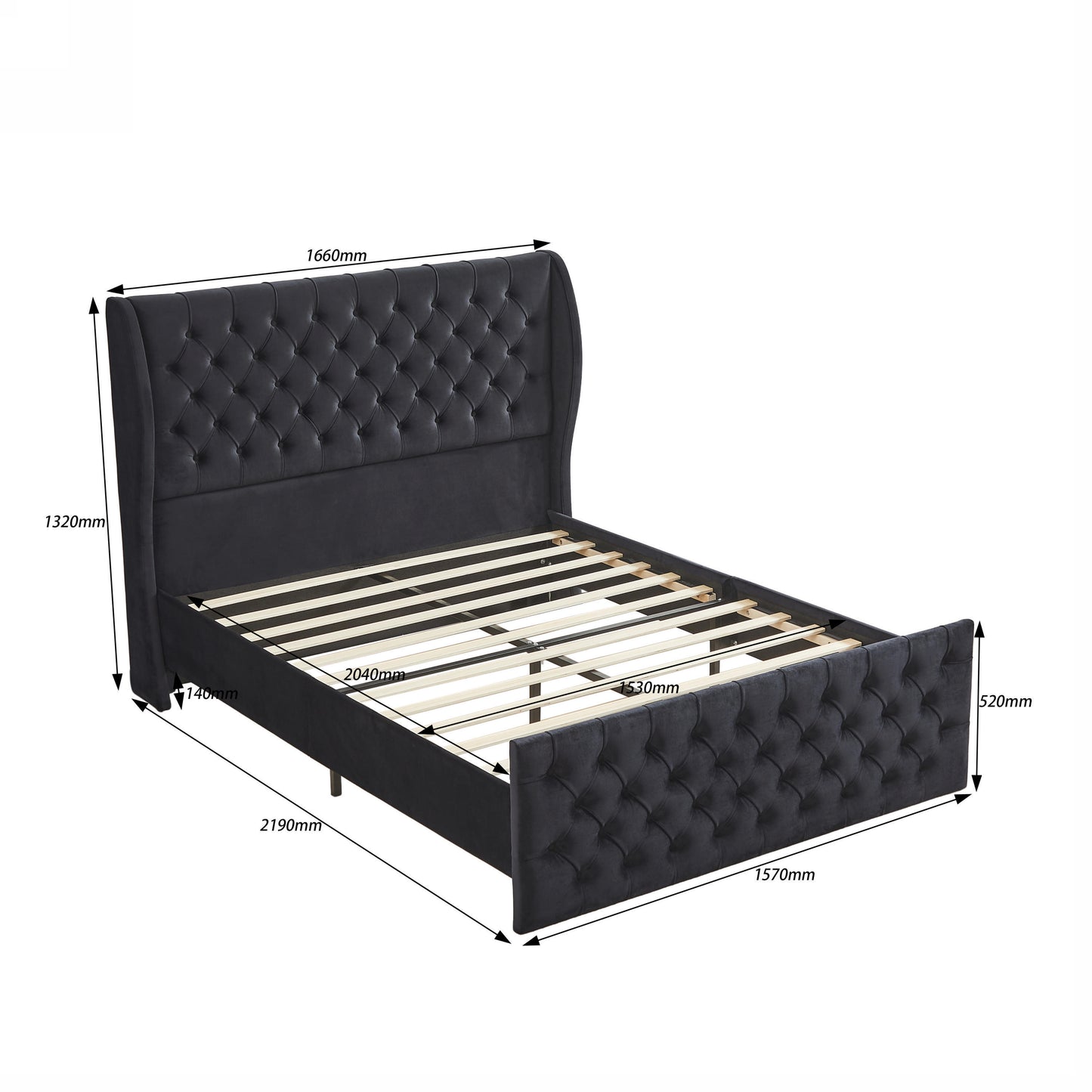 Queen Size Platform Bed Frame, Velvet Upholstered Sleigh Bed with Scroll Wingback Headboard & Footboard/Button Tufted/No Box Spring Required/Easy Assembly/Black