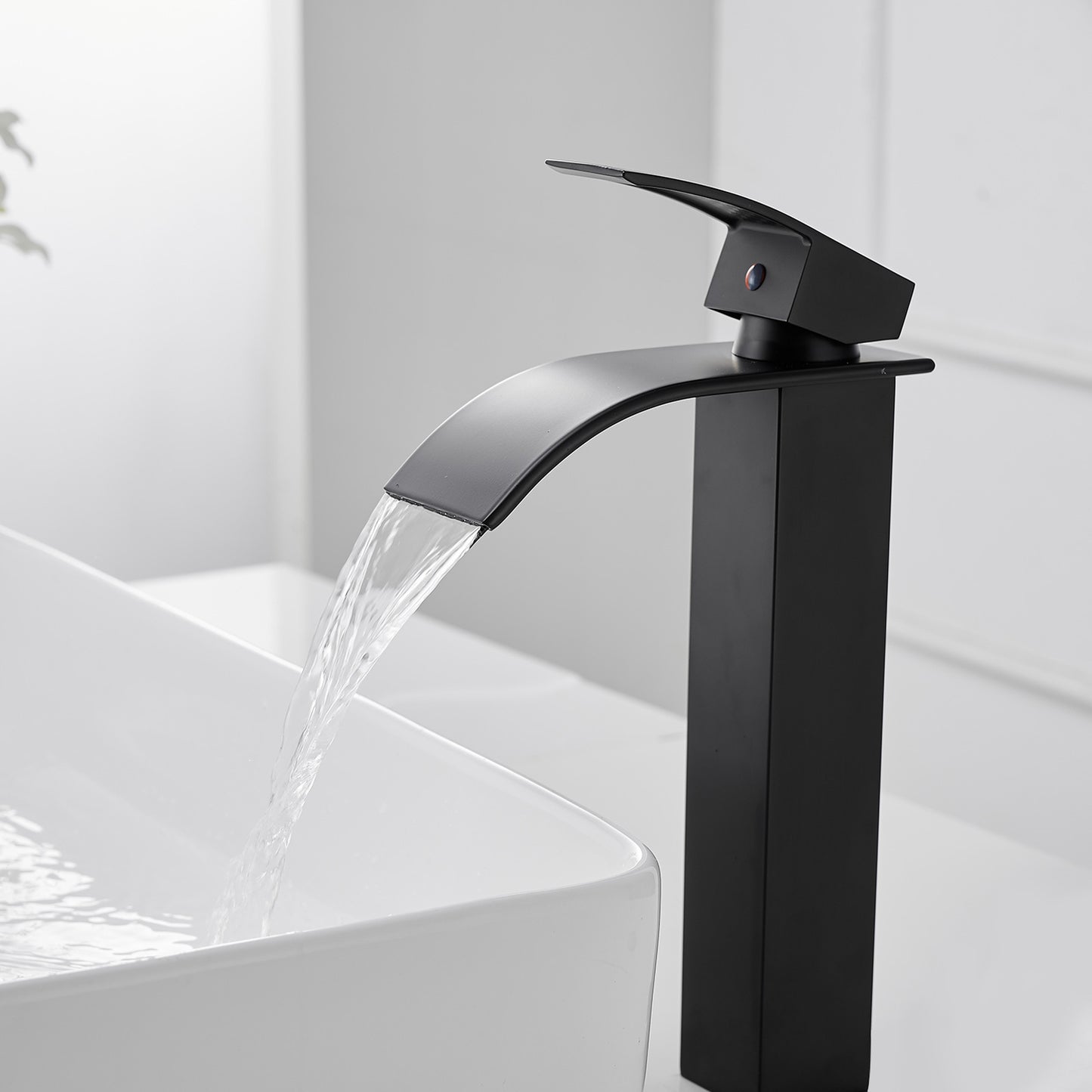 Matte Black Waterfall Bathroom Vessel Sink Faucet with Single Hole Handle and Pop-up Drain