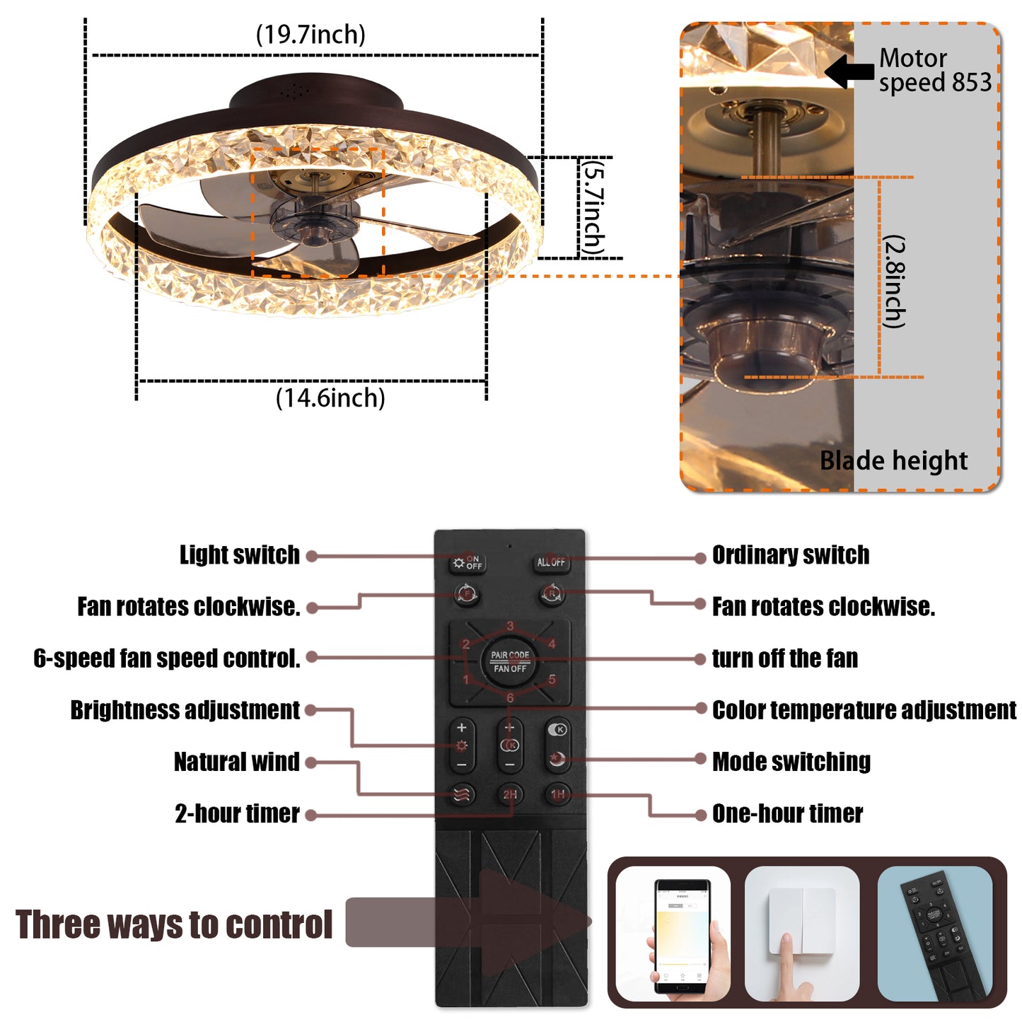 Modern Brown Acrylic Ceiling Fan with Dimmable LED Light and Remote Control, 6 Speeds, Reversible Blades, 20