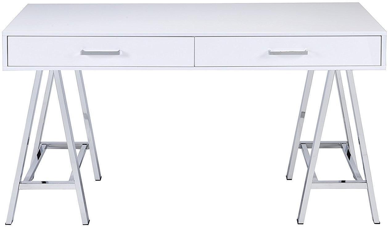 Coleen Modern Writing Desk with Chrome Legs and 2 Drawers in White Gloss Finish