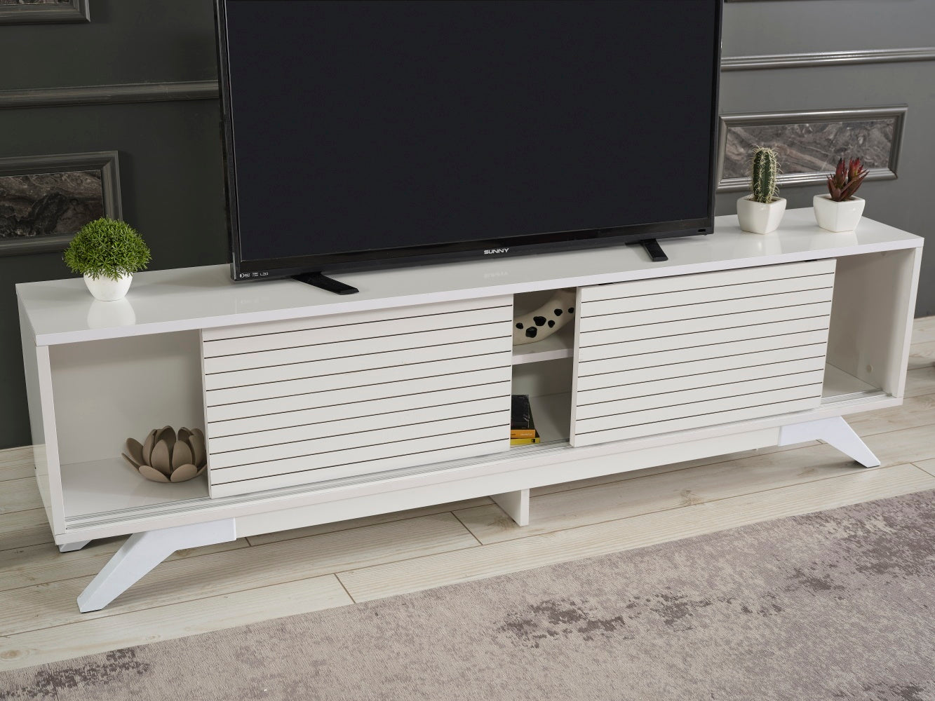 Luxia Mid Century Modern TV Stand with Storage Cabinets and Shelves in White