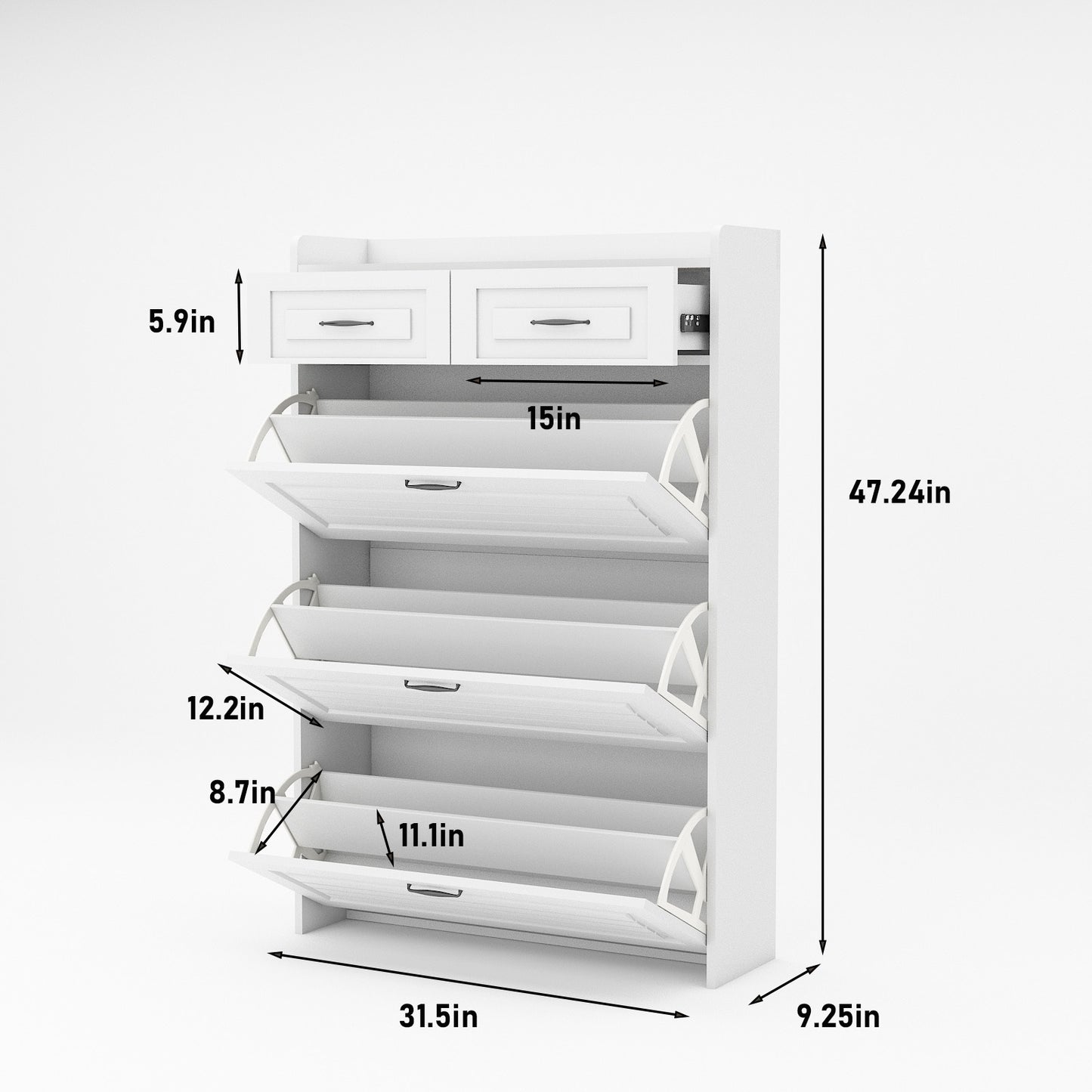 White color shoe cabinet  with 3 doors 2 drawers,PVC door with shape ,large space for storage