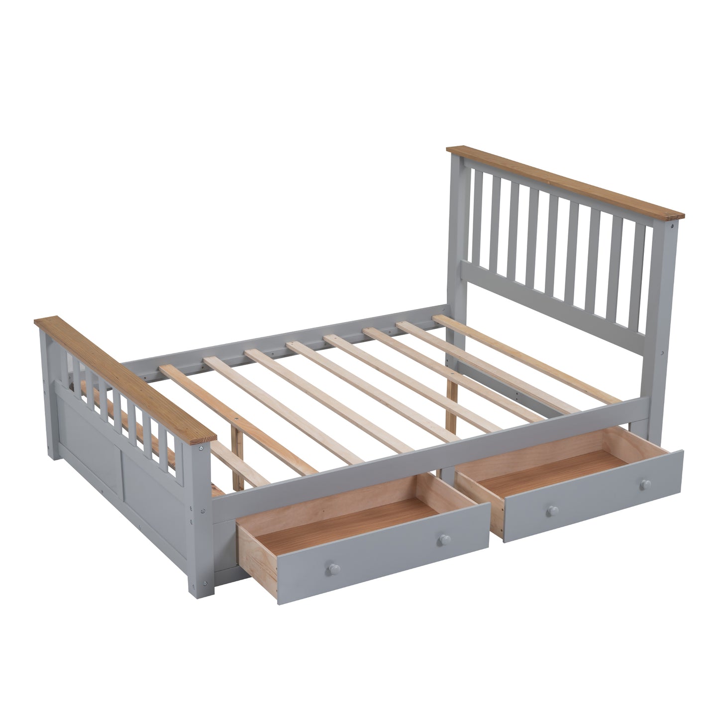 Full Size Wood Platform Bed with Two Drawers and Wooden Slat Support,Gray+Natrual